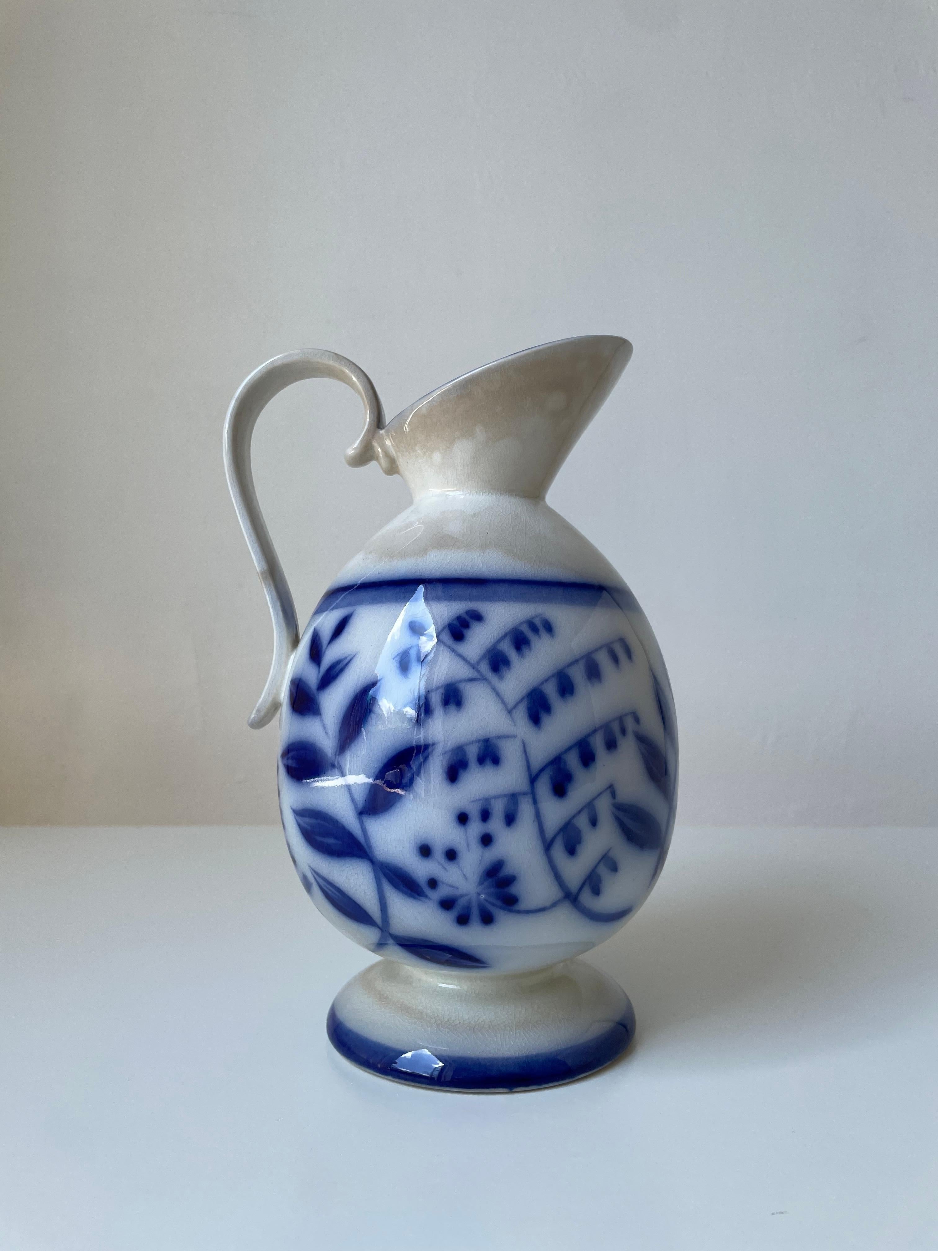 Arthur Percy (attr.) 1930s Floral Porcelain Blue White Pitcher Vase, Gefle  For Sale 1
