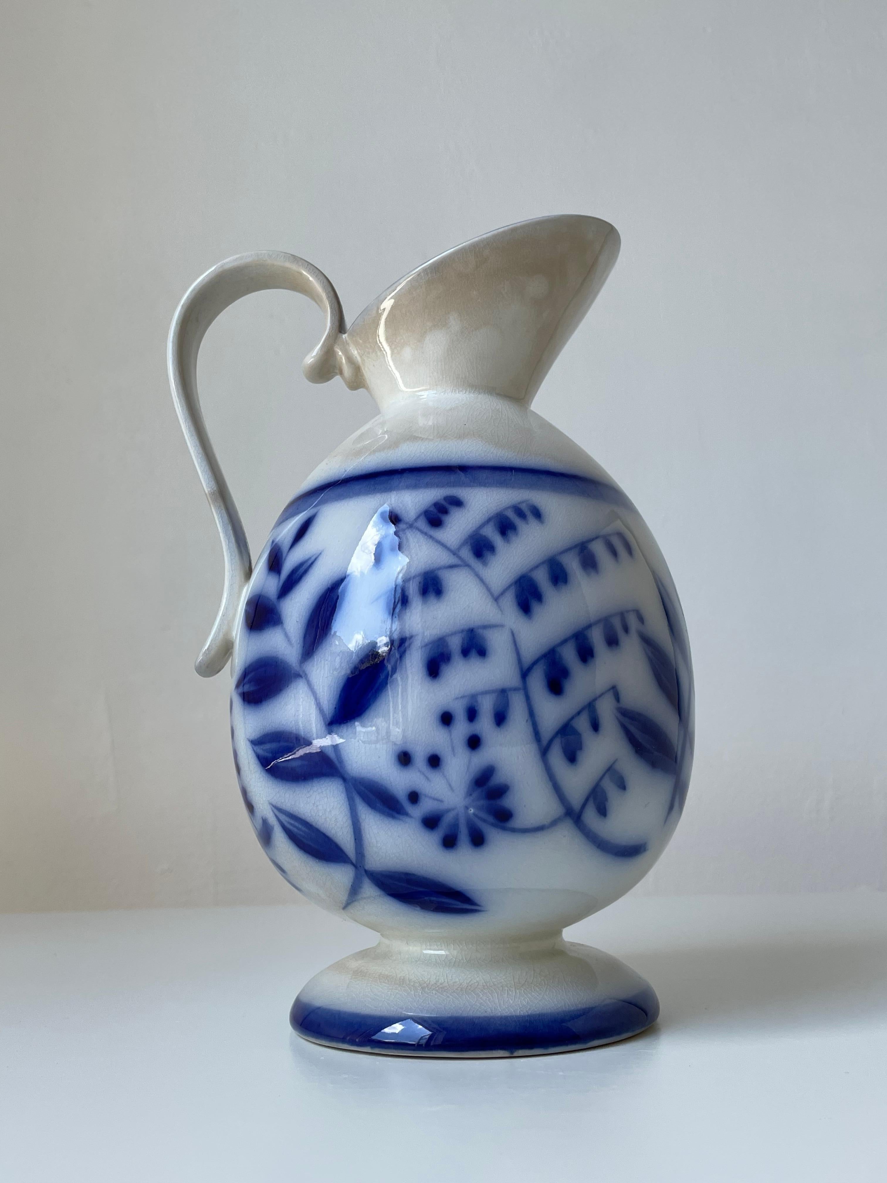 Arthur Percy (attr.) 1930s Floral Porcelain Blue White Pitcher Vase, Gefle  For Sale 2