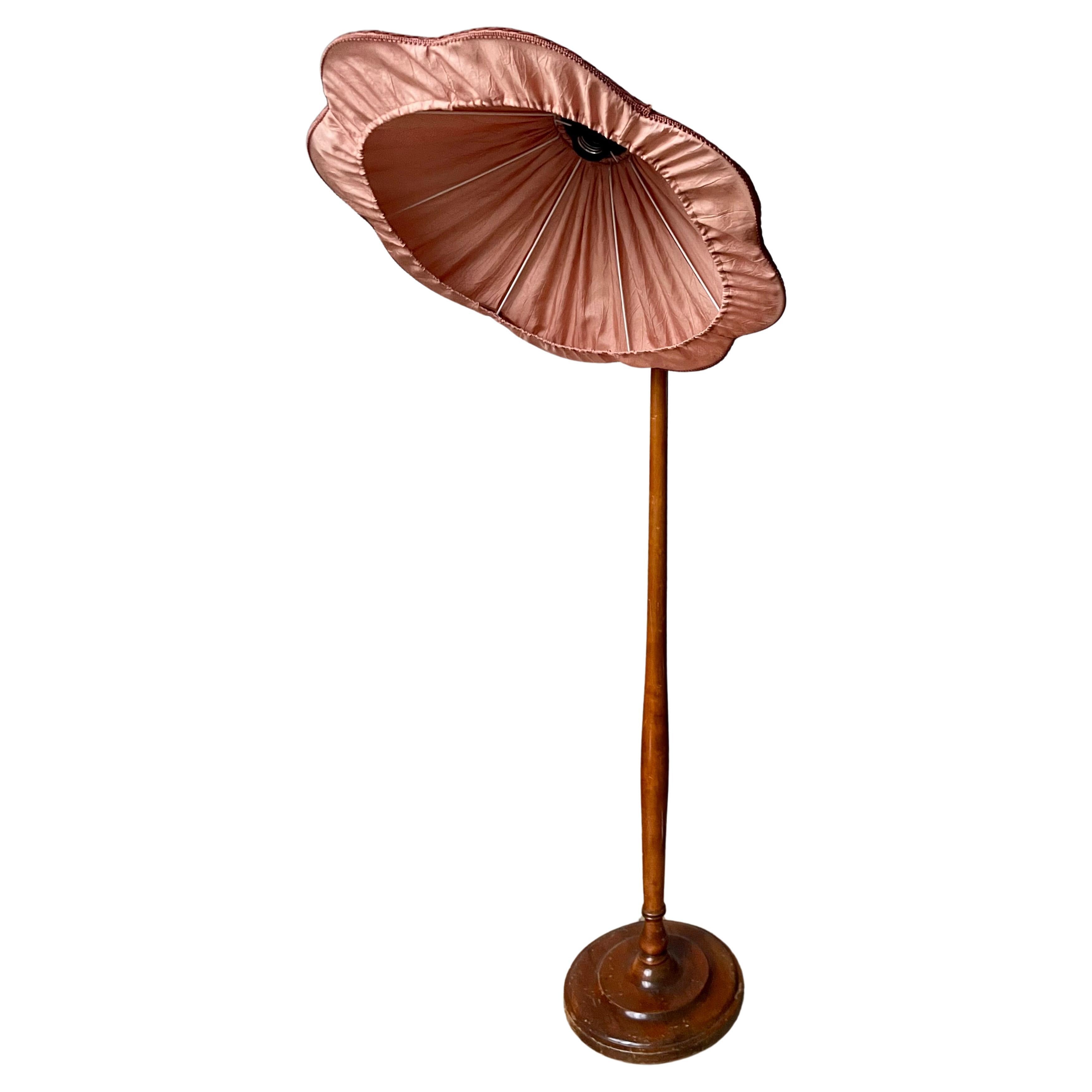 Swedish 1930s Josef Frank Style Rose Shade Wooden Floor Lamp For Sale