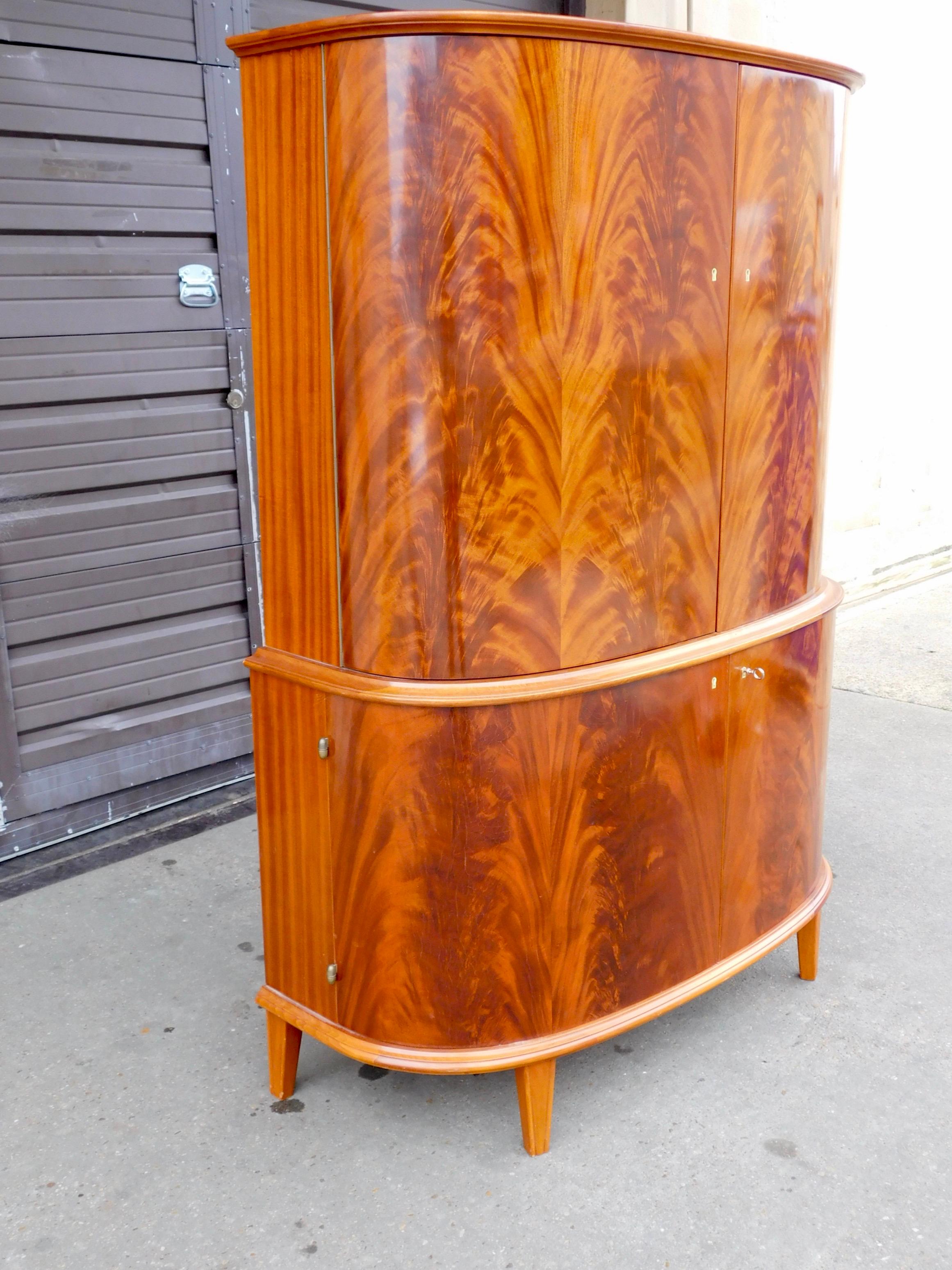 Swedish 1940s Moderne Storage Cabinet in Flame Mahogany In Good Condition For Sale In Richmond, VA