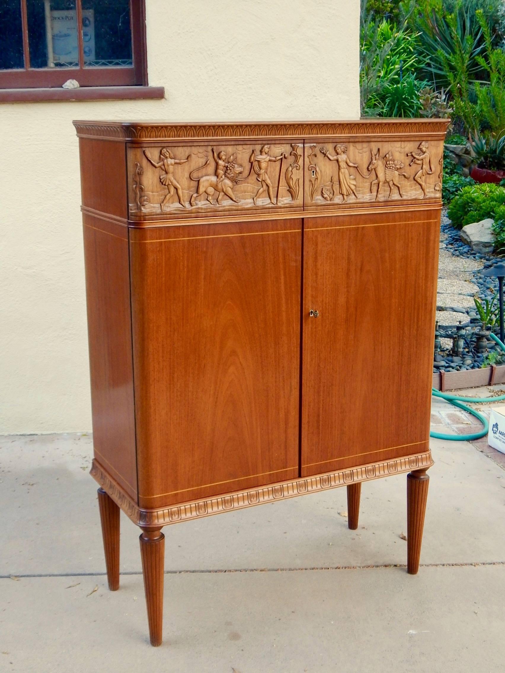 Art Deco Swedish, 1940s Moderne Storage Cabinet with Figural Relief by Eugene Höglund For Sale