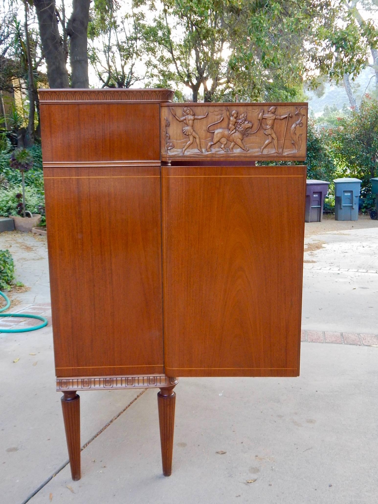 Swedish, 1940s Moderne Storage Cabinet with Figural Relief by Eugene Höglund For Sale 1