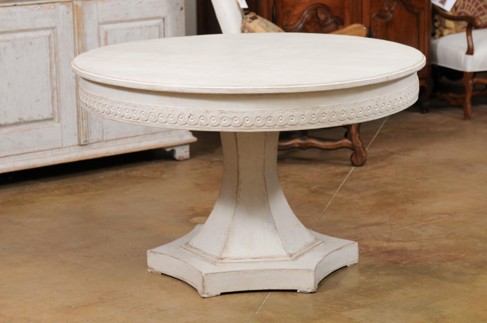 Swedish 1940s Neoclassical Style Painted Pedestal Table with Carved Guilloche In Good Condition In Atlanta, GA