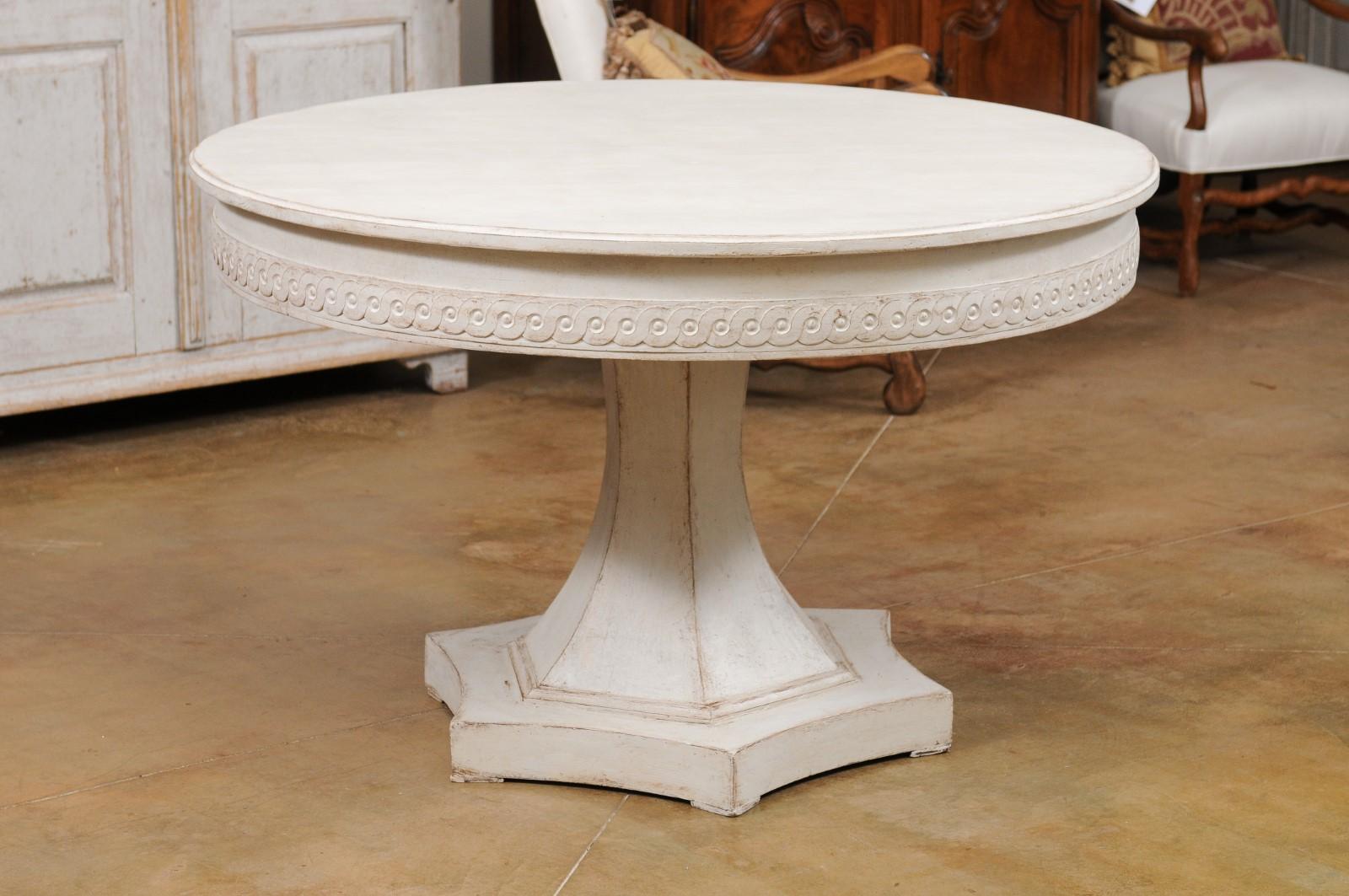 19th Century Swedish 1940s Neoclassical Style Painted Pedestal Table with Carved Guilloche