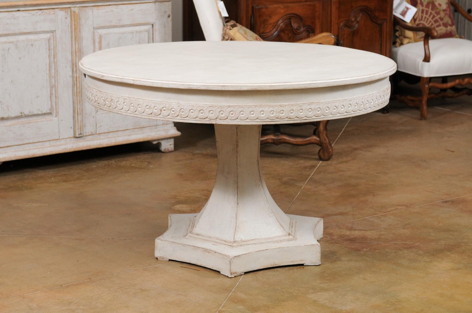 Wood Swedish 1940s Neoclassical Style Painted Pedestal Table with Carved Guilloche