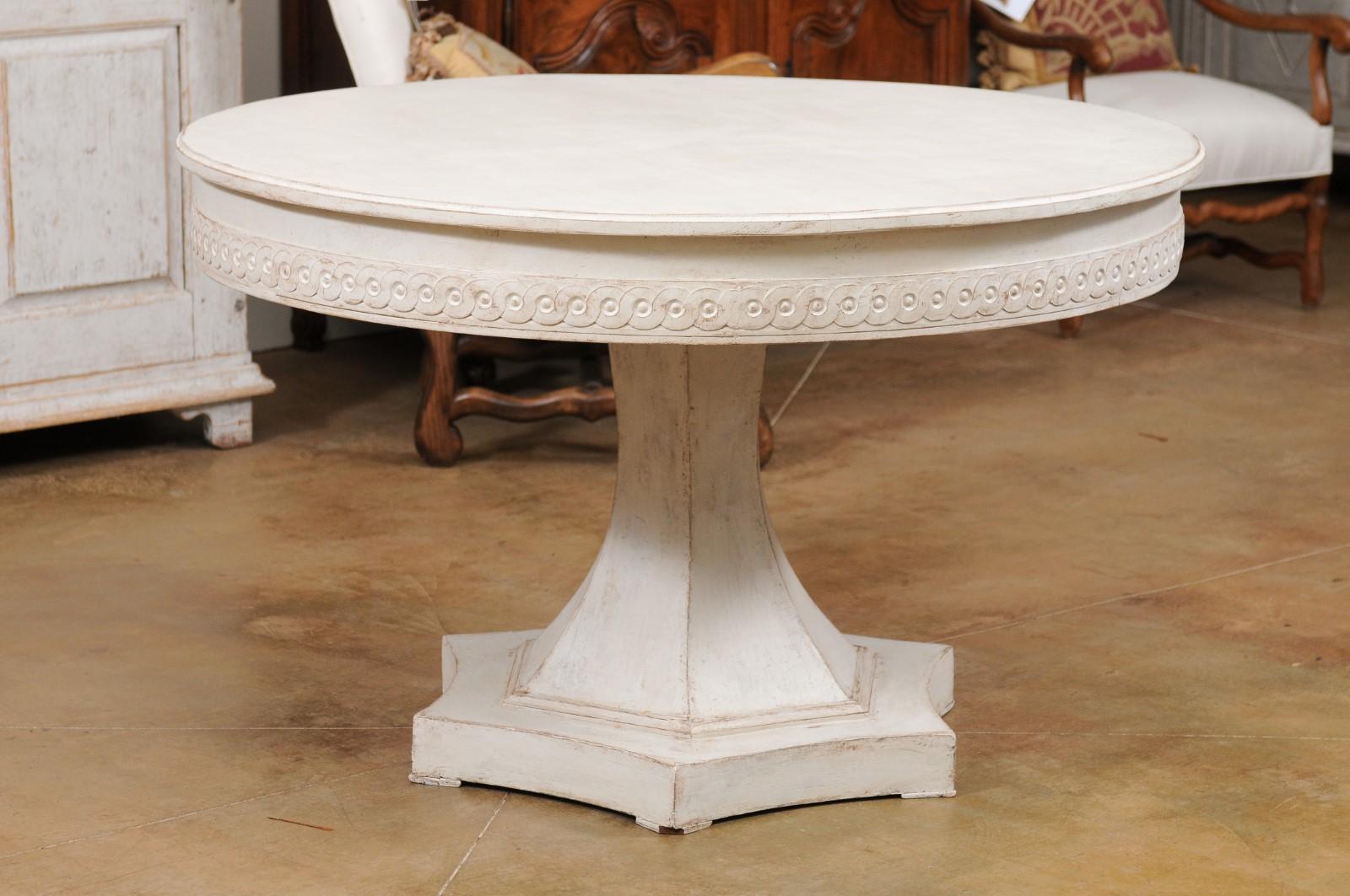Swedish 1940s Neoclassical Style Painted Pedestal Table with Carved Guilloche 1