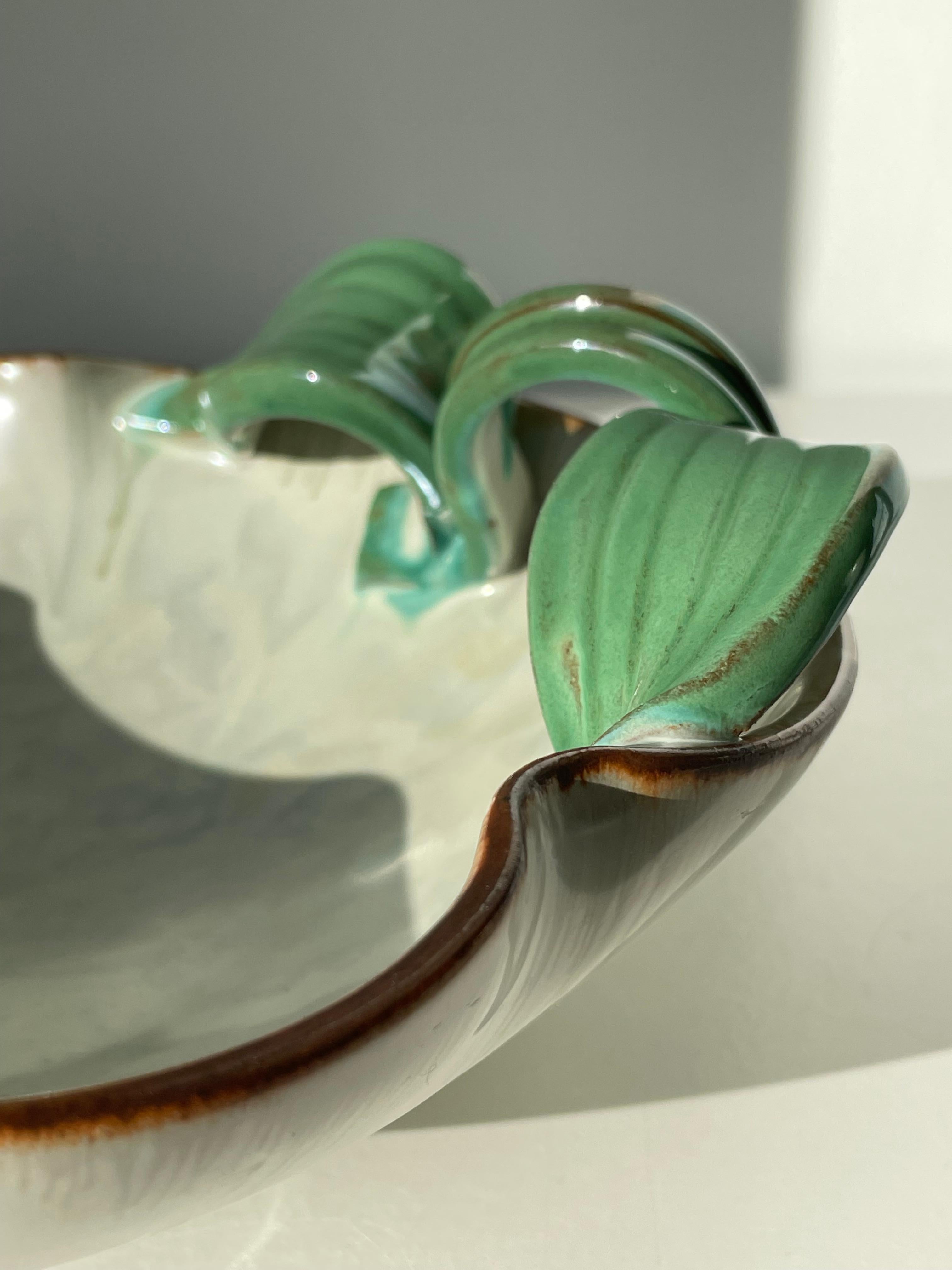 Ceramic Swedish 1940s Organic Art Nouveau Light Green Leaf Bowl For Sale