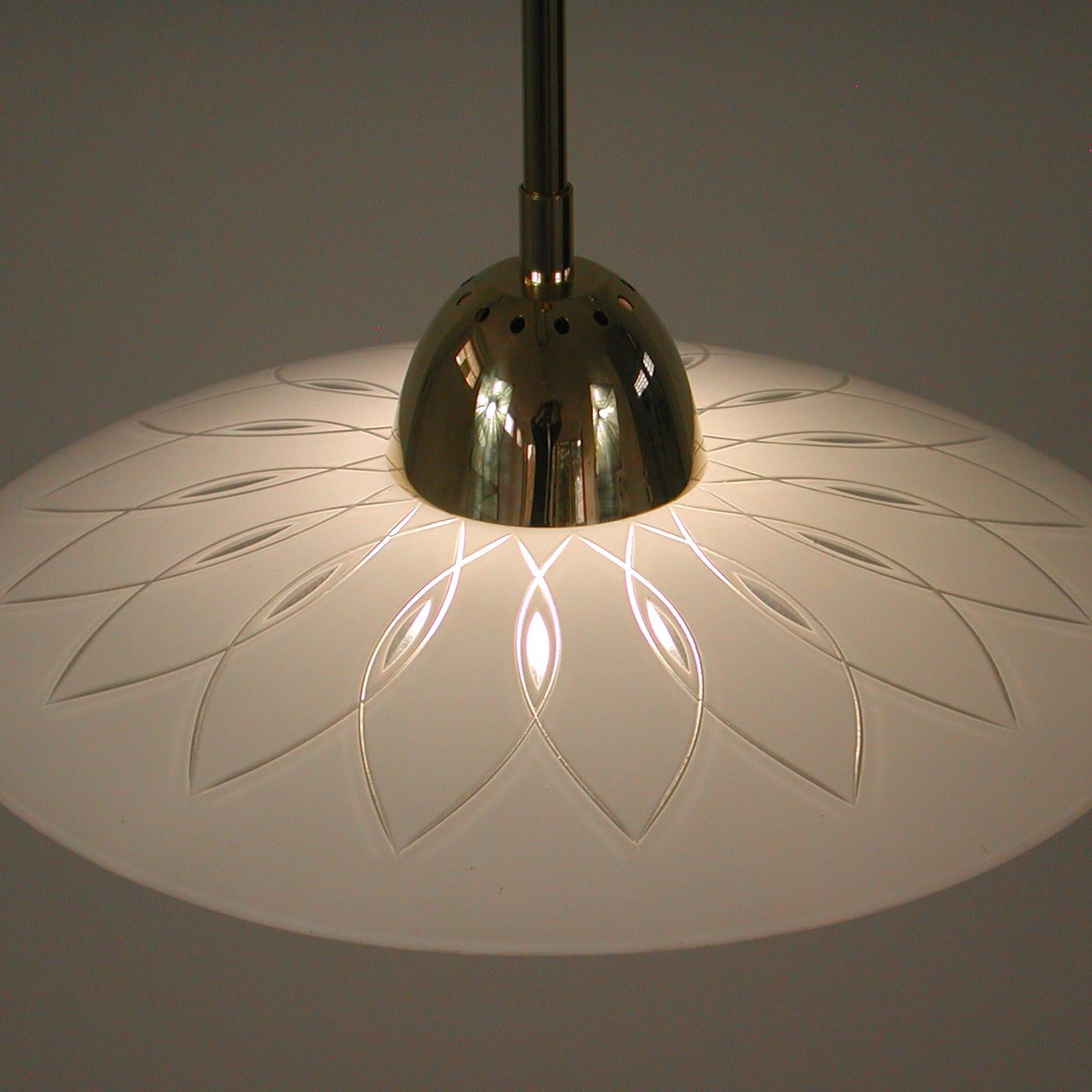 Swedish 1940s Satin Glass and Brass Botanical Pendant, 5 available For Sale 5