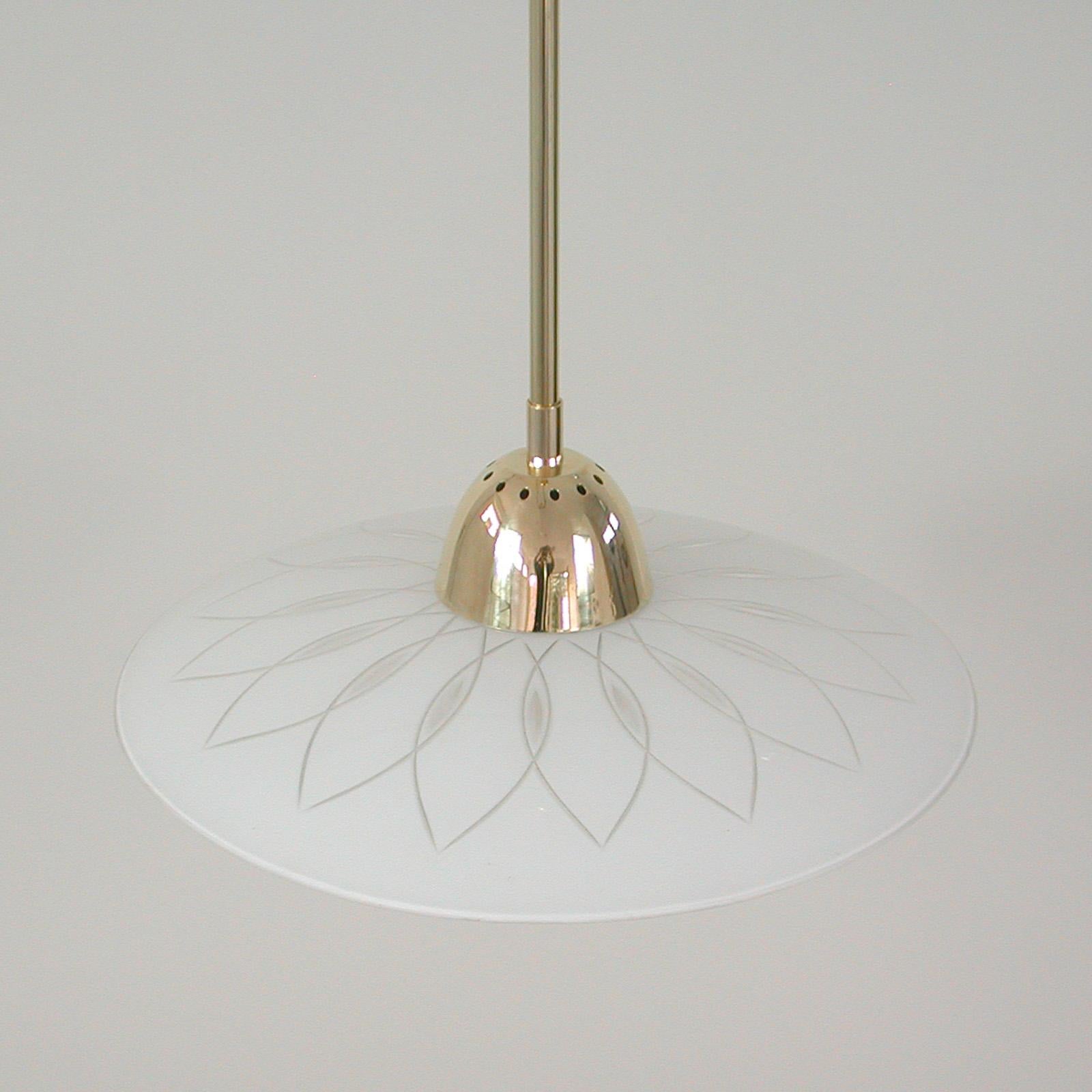 Mid-20th Century Swedish 1940s Satin Glass and Brass Botanical Pendant, 5 available For Sale