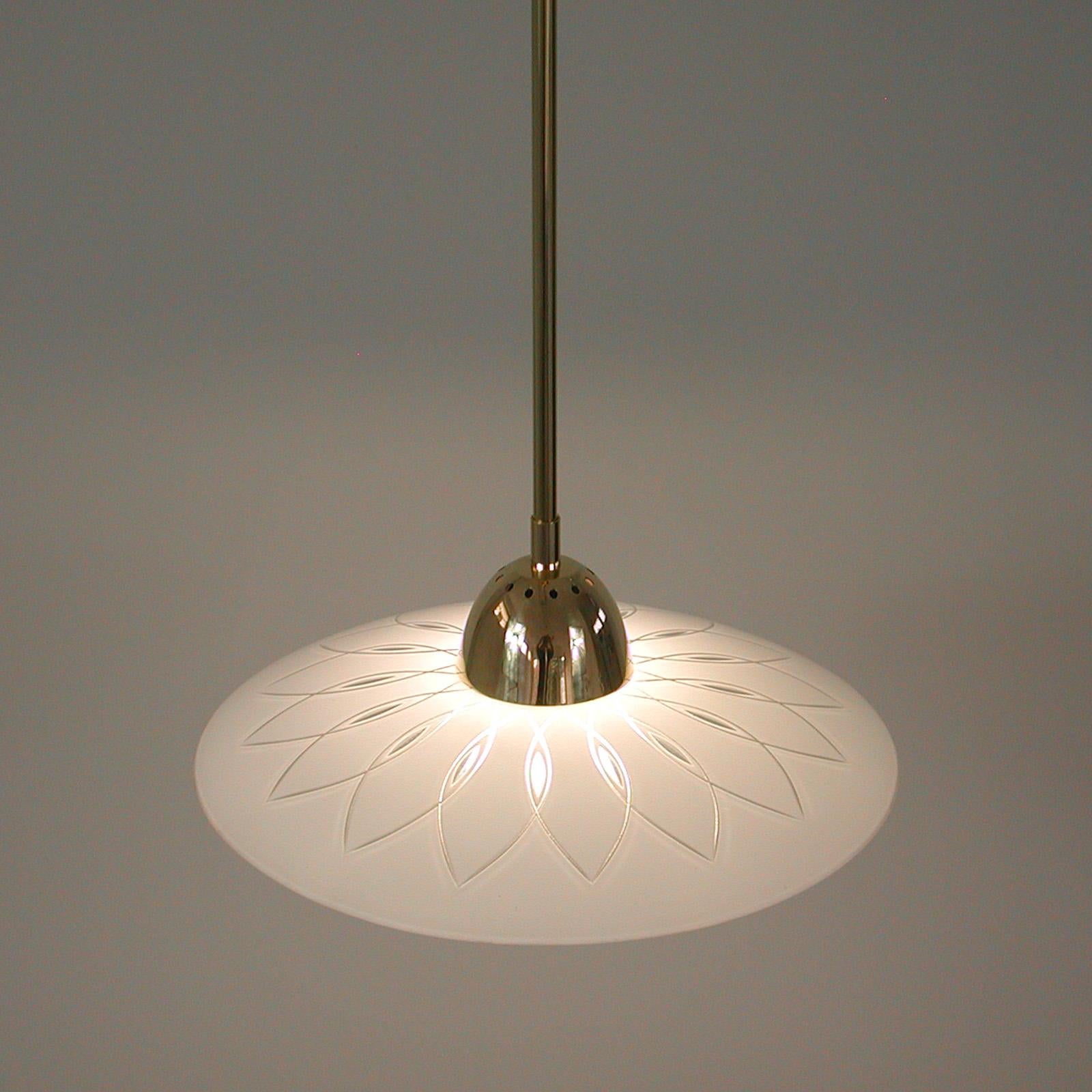 Swedish 1940s Satin Glass and Brass Botanical Pendant, 5 available For Sale 1