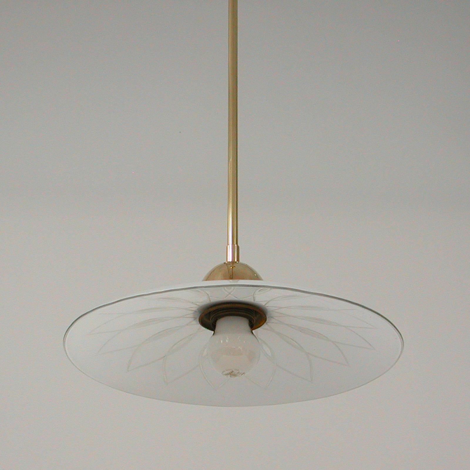 Swedish 1940s Satin Glass and Brass Botanical Pendant, 5 available For Sale 2