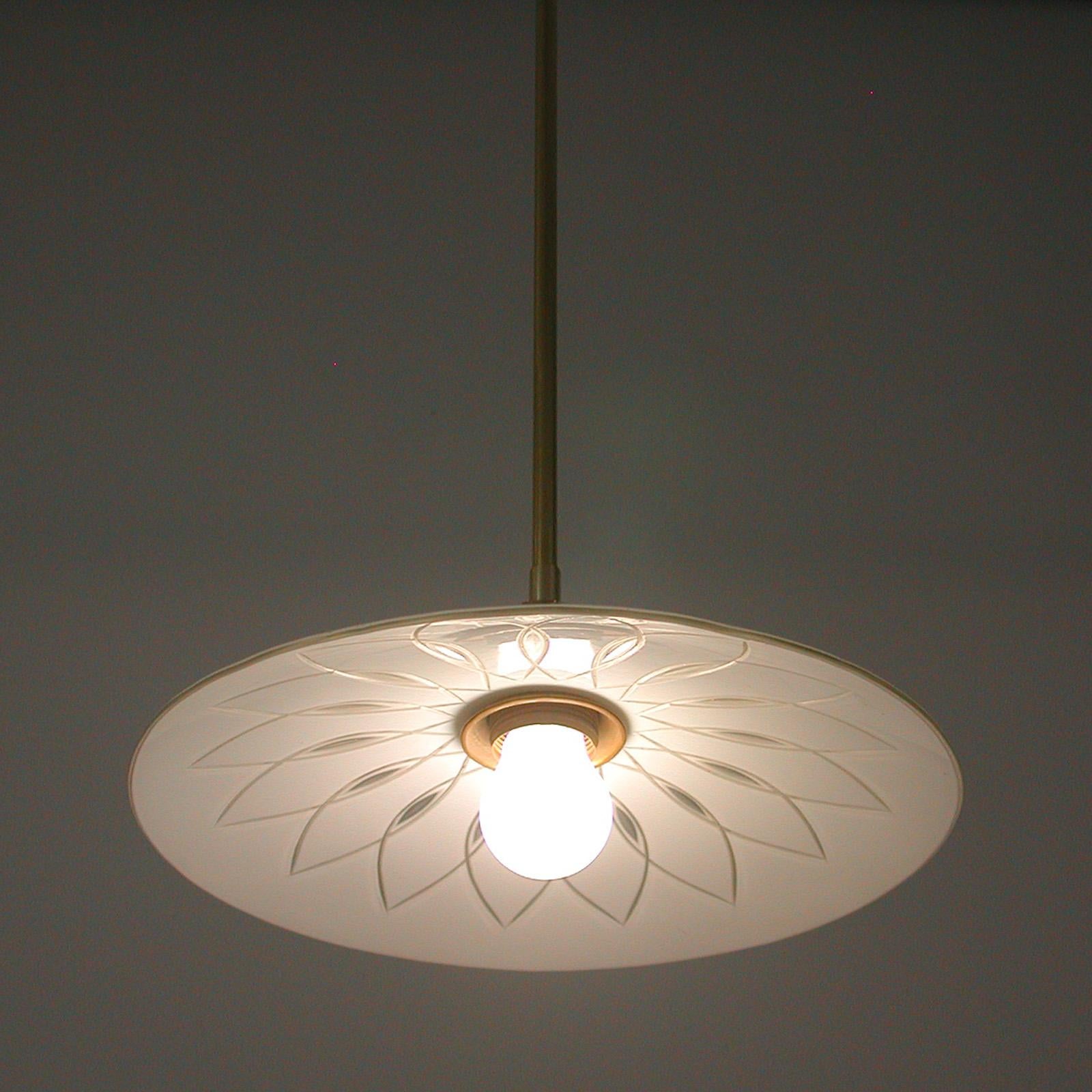 Swedish 1940s Satin Glass and Brass Botanical Pendant, 5 available For Sale 3