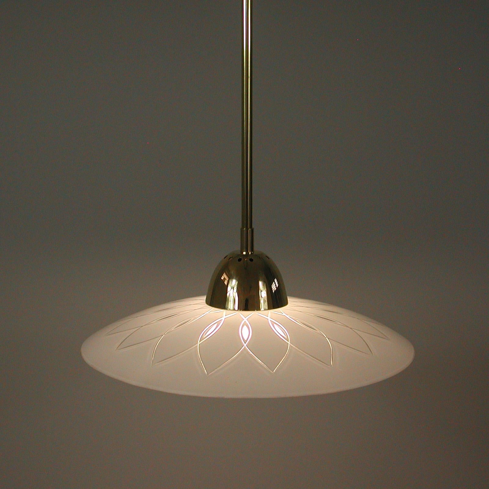 Swedish 1940s Satin Glass and Brass Botanical Pendant, 5 available For Sale 4