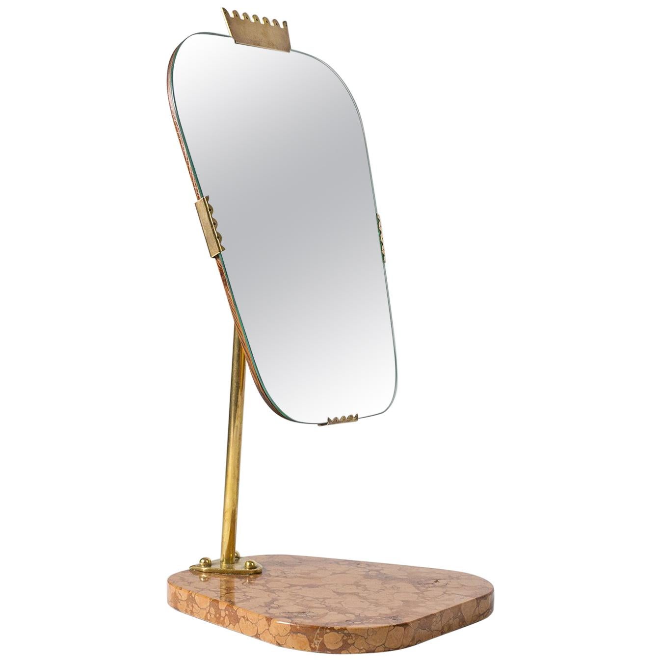 Swedish 1940s Vanity Mirror, Brass, Stone and Teak