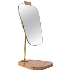 Swedish 1940s Vanity Mirror, Brass, Stone and Teak