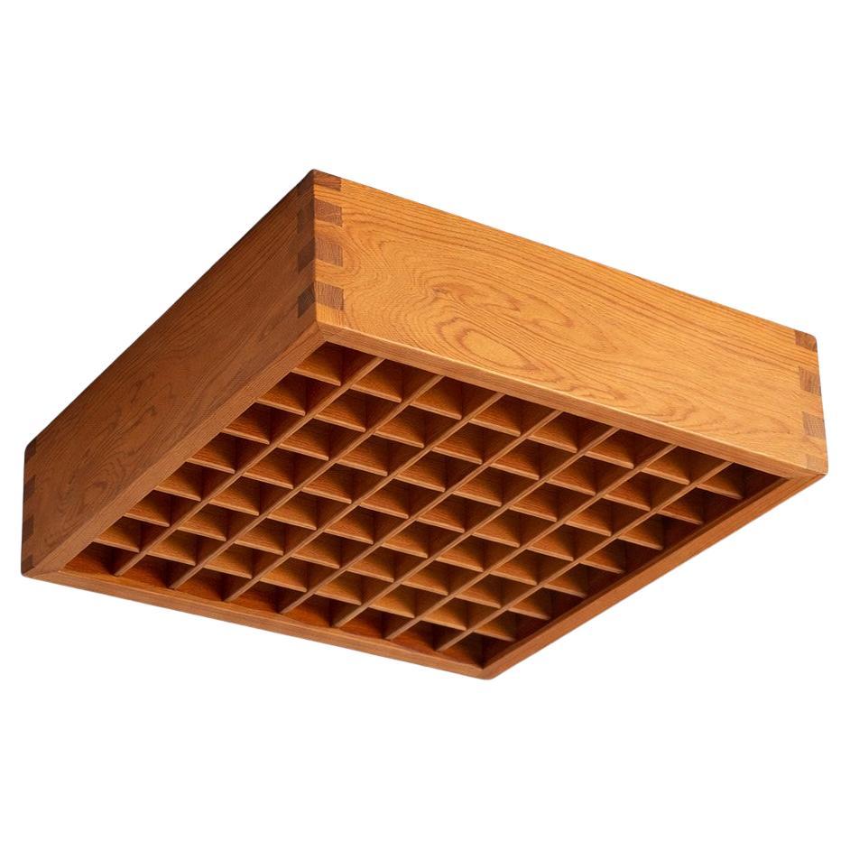 Swedish 1960s Pine Flush Mount Ceiling Light, Square Grid Design