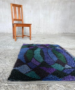 Alfombra sueca de los años 60 Rya, verde, morado, azul y negro, Pura lana.
