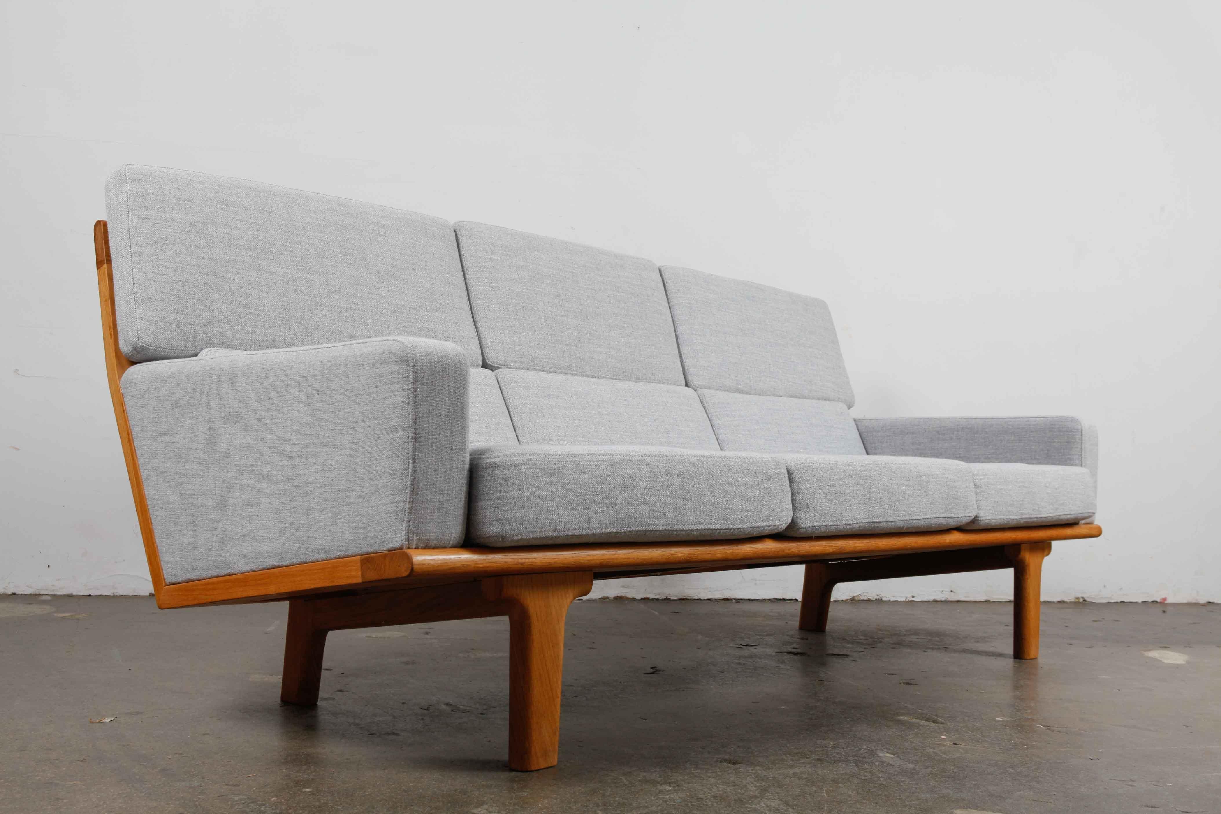 Mid-Century Modern Swedish 1960s Solid Oak Sofa Newly Upholstered in Woven Linen