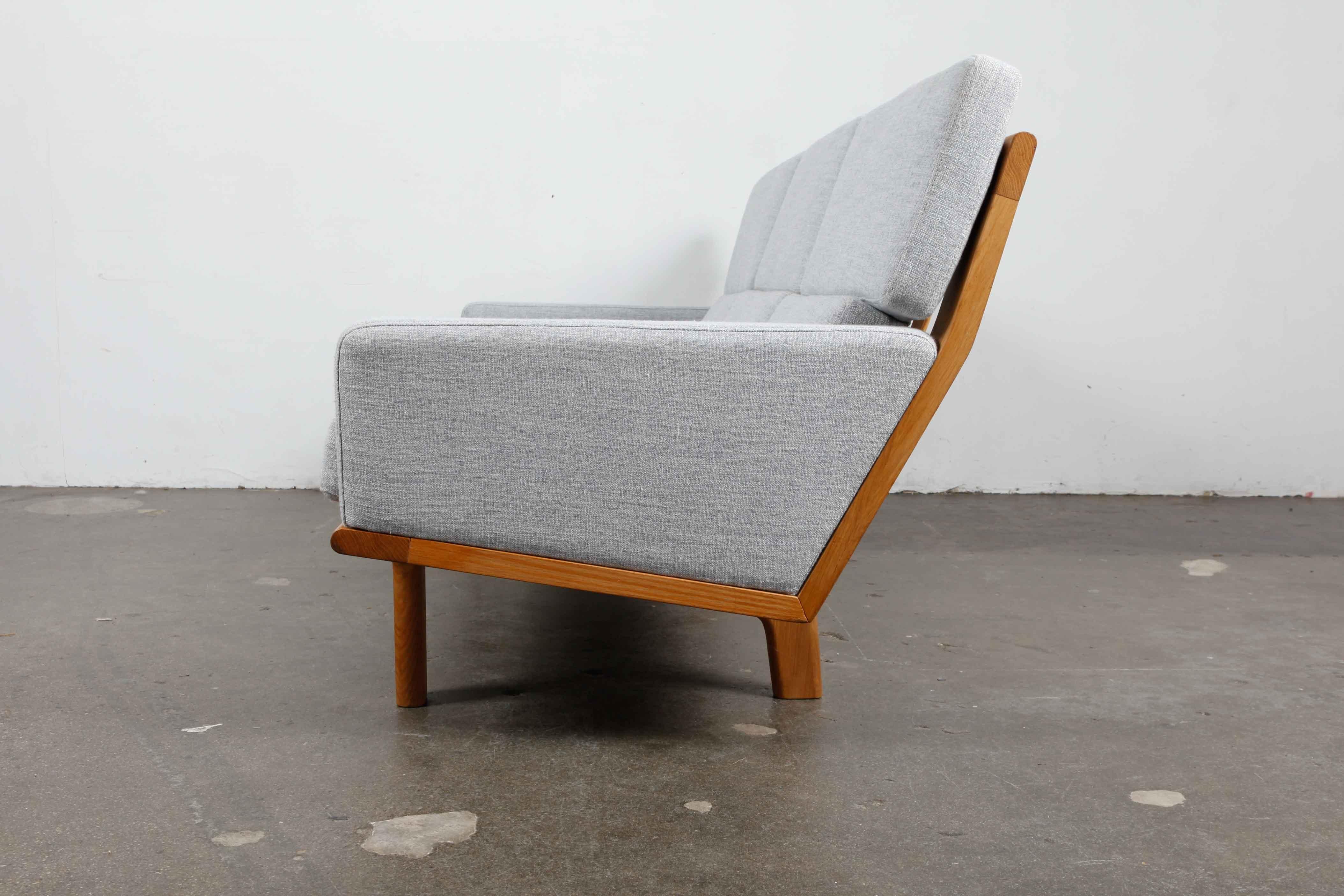 Fabric Swedish 1960s Solid Oak Sofa Newly Upholstered in Woven Linen