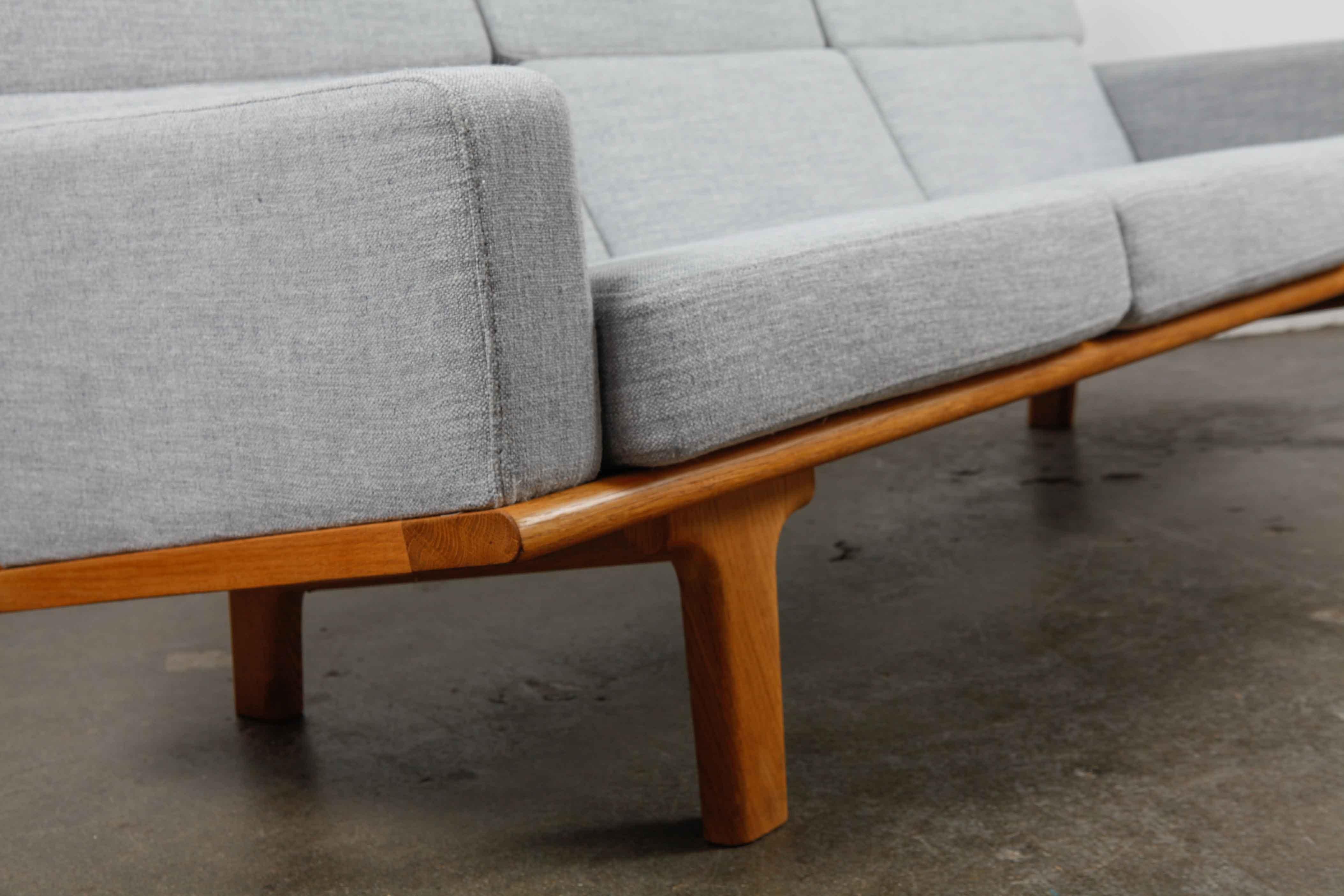 Swedish 1960s Solid Oak Sofa Newly Upholstered in Woven Linen 1