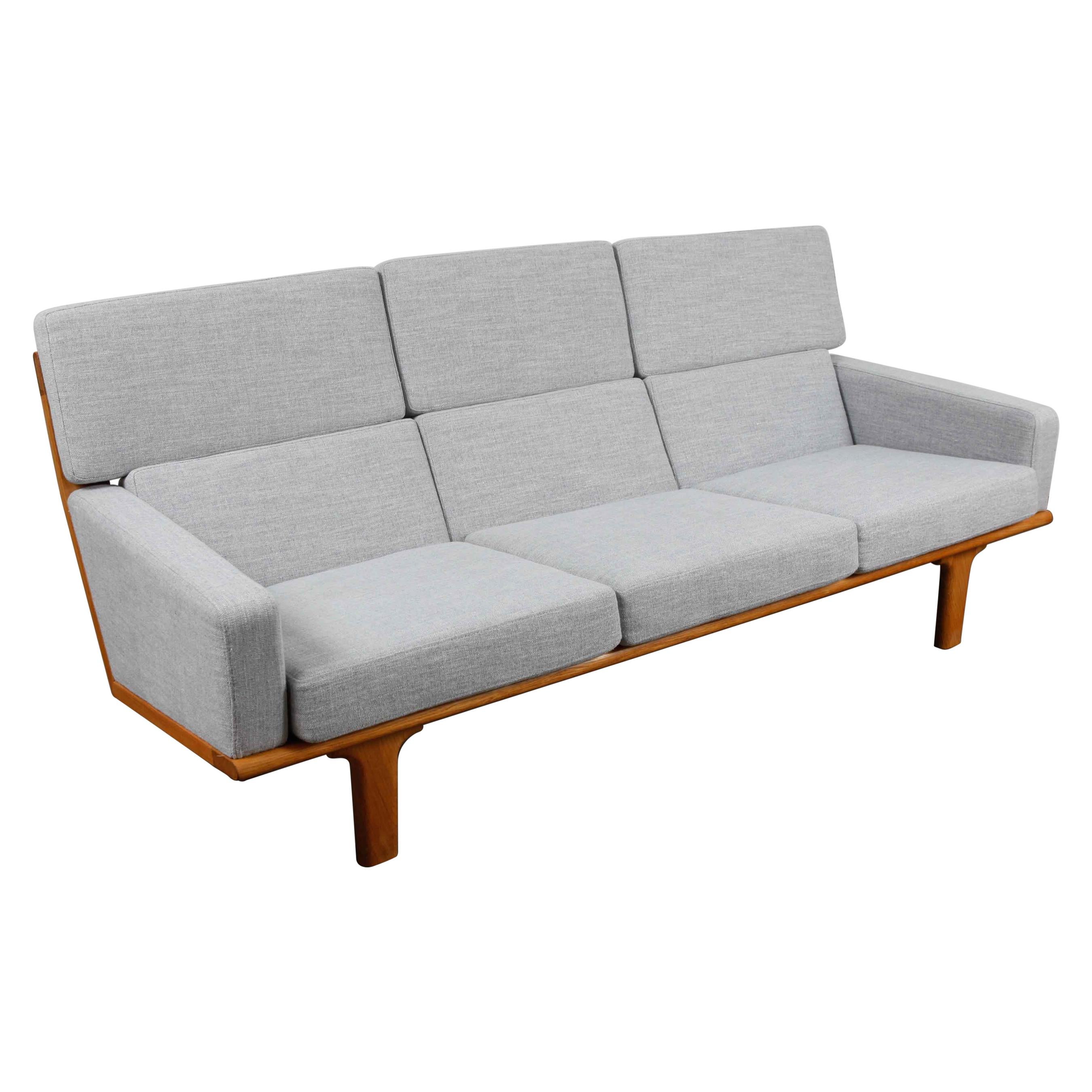 Swedish 1960s Solid Oak Sofa Newly Upholstered in Woven Linen