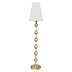 Swedish 1960s Tall Brass Bulbous Glass Collarette Detailed Floor Lamp Inc Shade