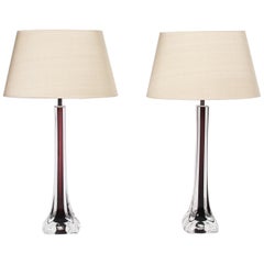 Swedish 1960s Two Purple Glass and Clear Crystal Table Lamps by Flygsfors