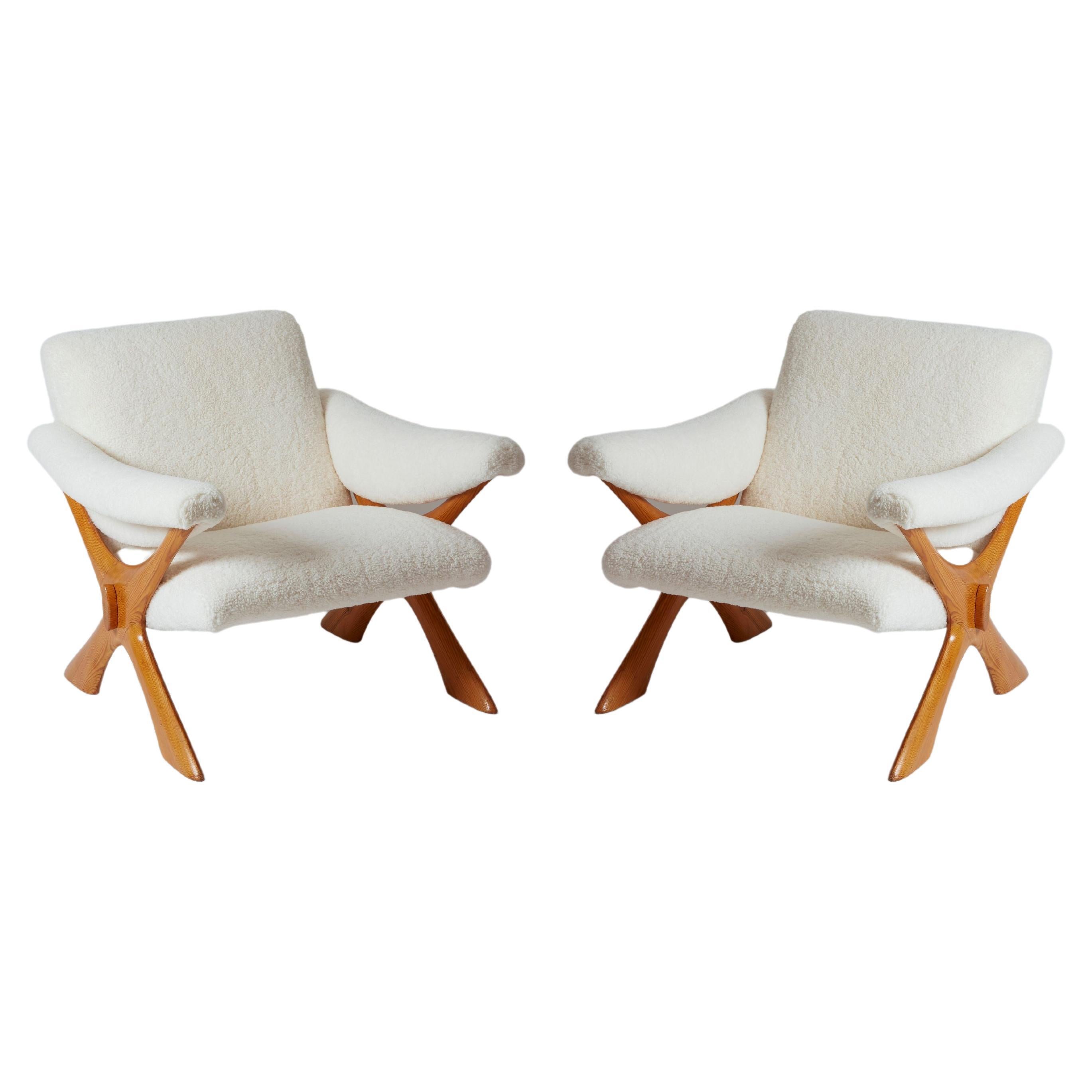 Swedish 1960's Unique "X" Beechwood Detailed Pair of Shearling Chairs