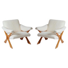 Swedish 1960''s Unique "X" Beechwood Detailed Pair of Shearling Chairs