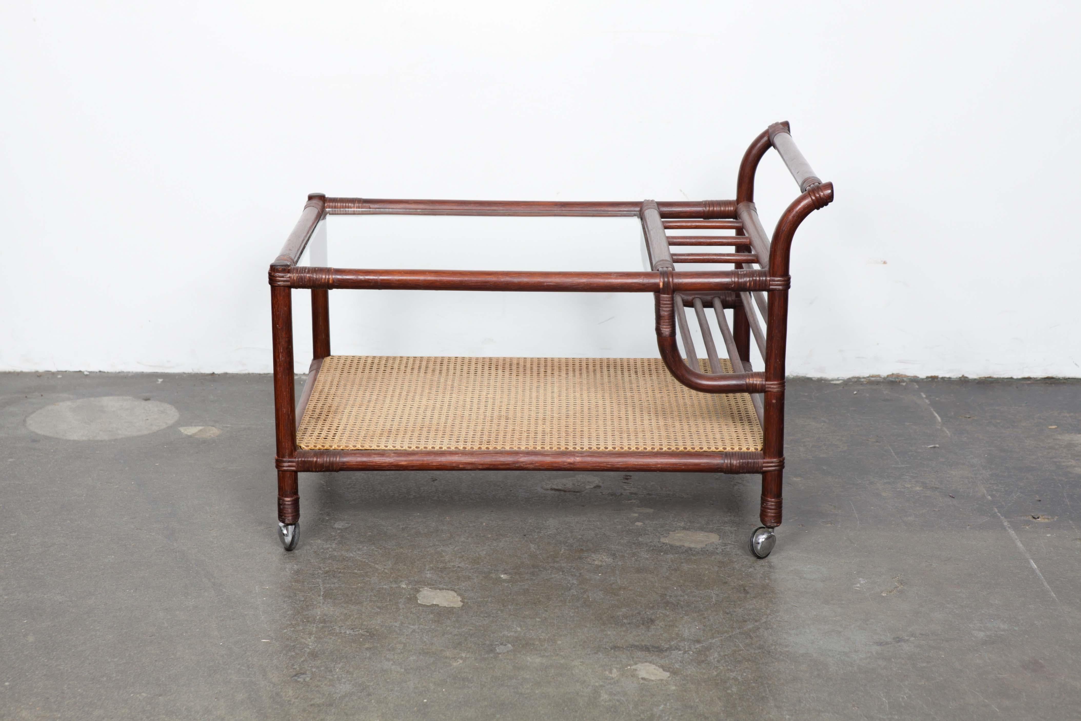 Mid-Century Modern Swedish 1970s Bamboo Bi-Level Bar Trolley with Glass Top For Sale