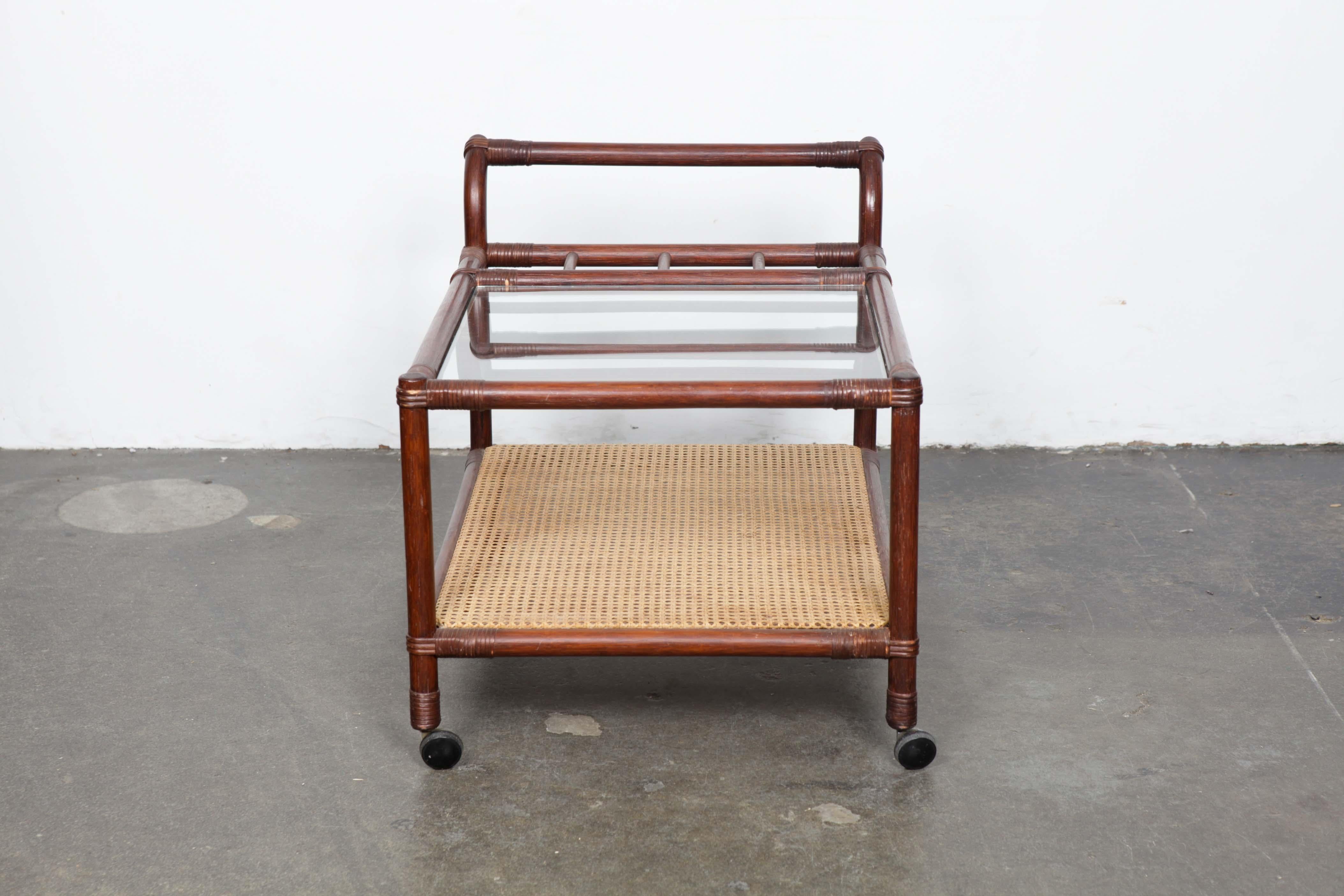 Swedish 1970s Bamboo Bi-Level Bar Trolley with Glass Top In Good Condition For Sale In North Hollywood, CA