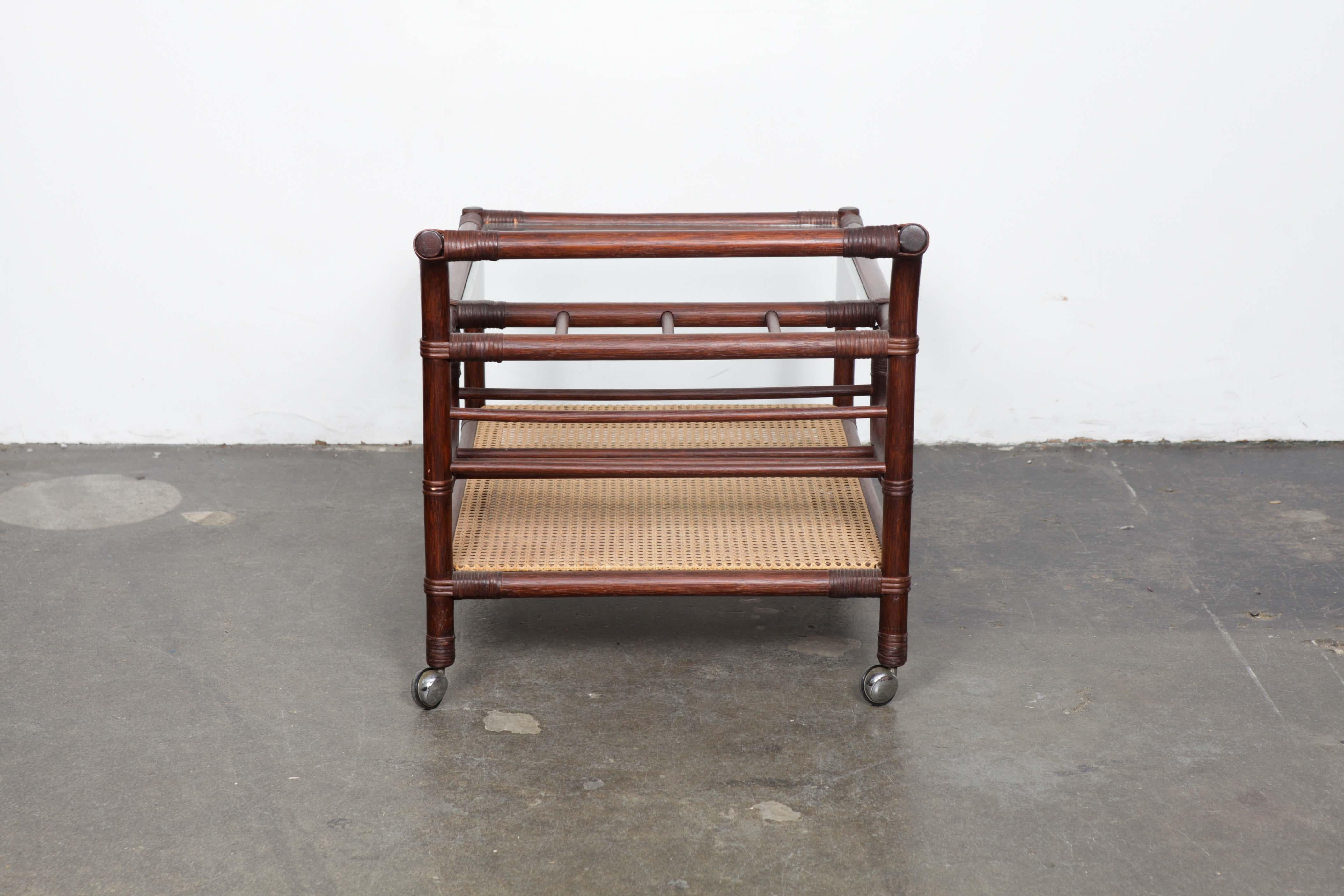 Late 20th Century Swedish 1970s Bamboo Bi-Level Bar Trolley with Glass Top For Sale