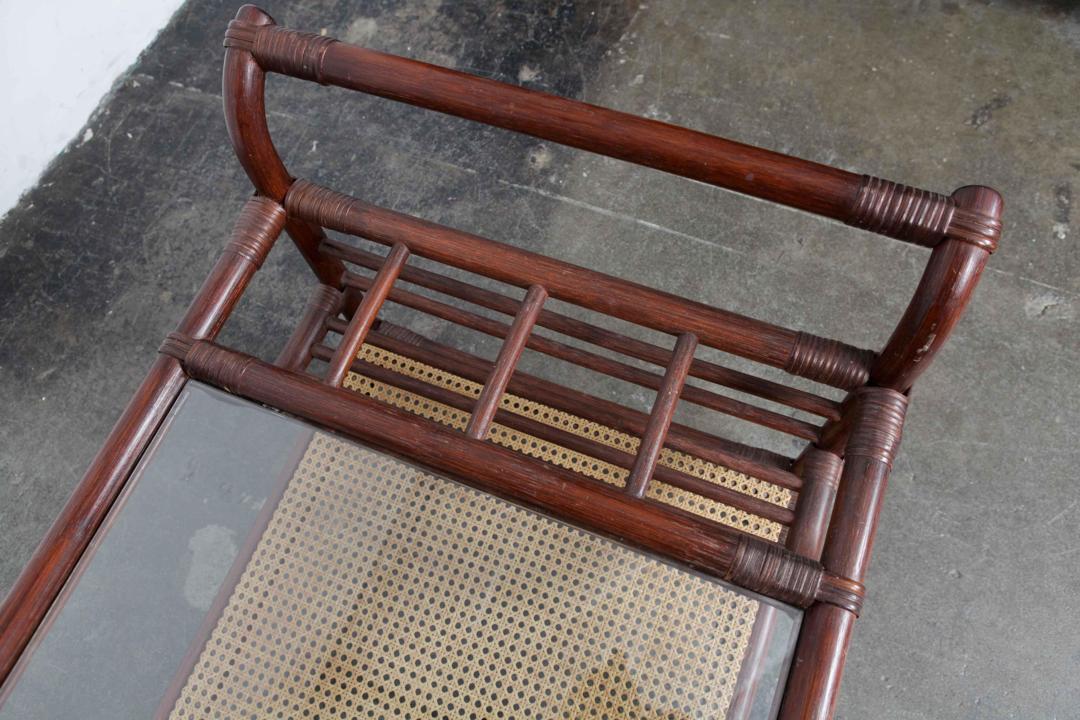 Swedish 1970s Bamboo Bi-Level Bar Trolley with Glass Top For Sale 1