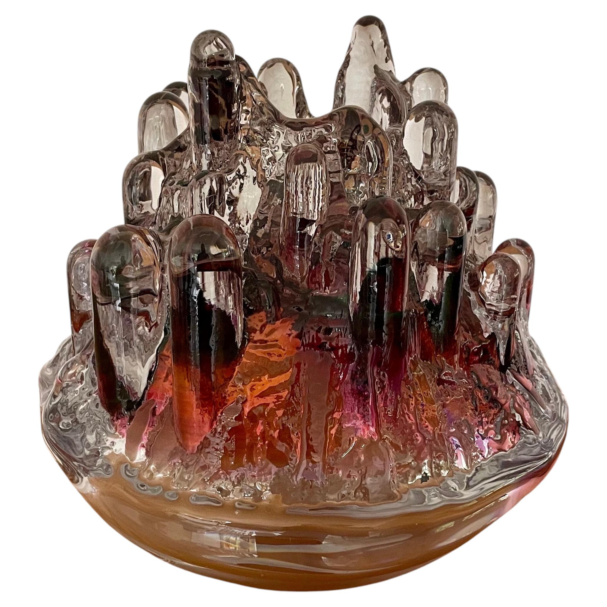 Swedish 1970s Glass Candle Holder in Clear & Burgundy by Göran Wärff for Kosta