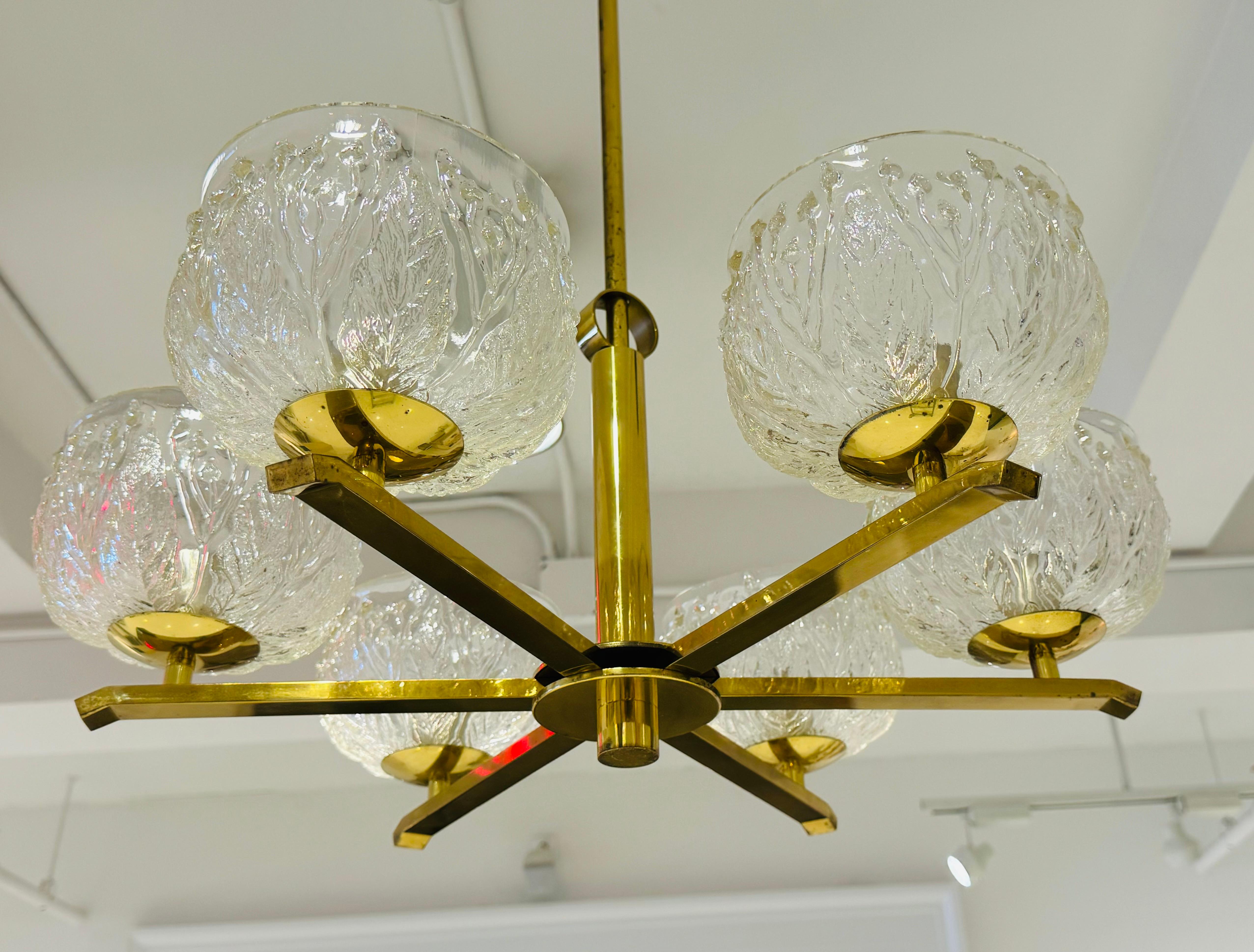 Brass Swedish 1970s Mid Century Floral Glass Chandelier Pendant For Sale