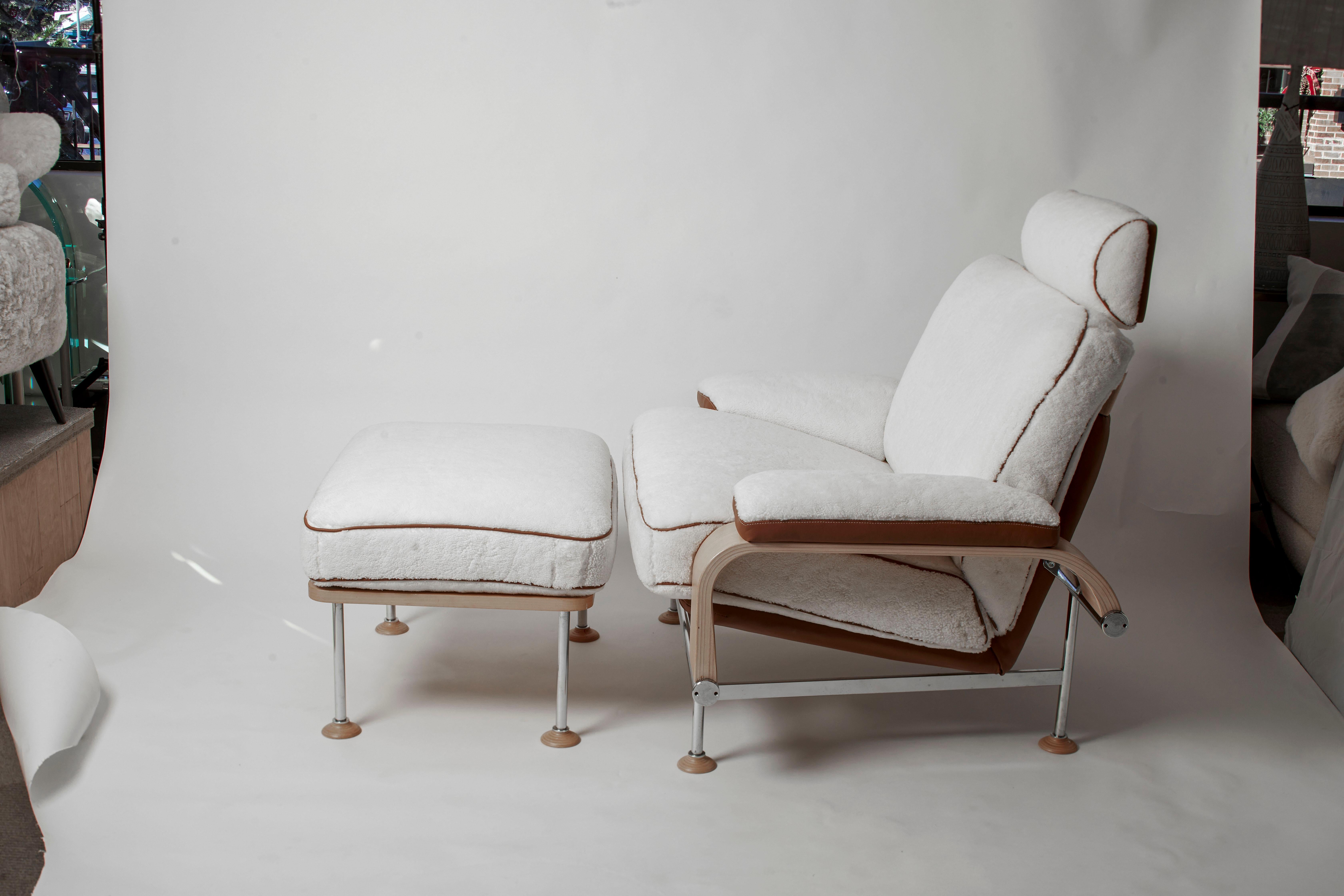 Swedish 1970's Completely Restored in Hermes Leather and Shearling Oversized Arm Chair & Ottoman