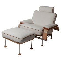 Retro 1970's Swedish Oversized Armchair & Ottoman in Hermes Leather & Shearling 