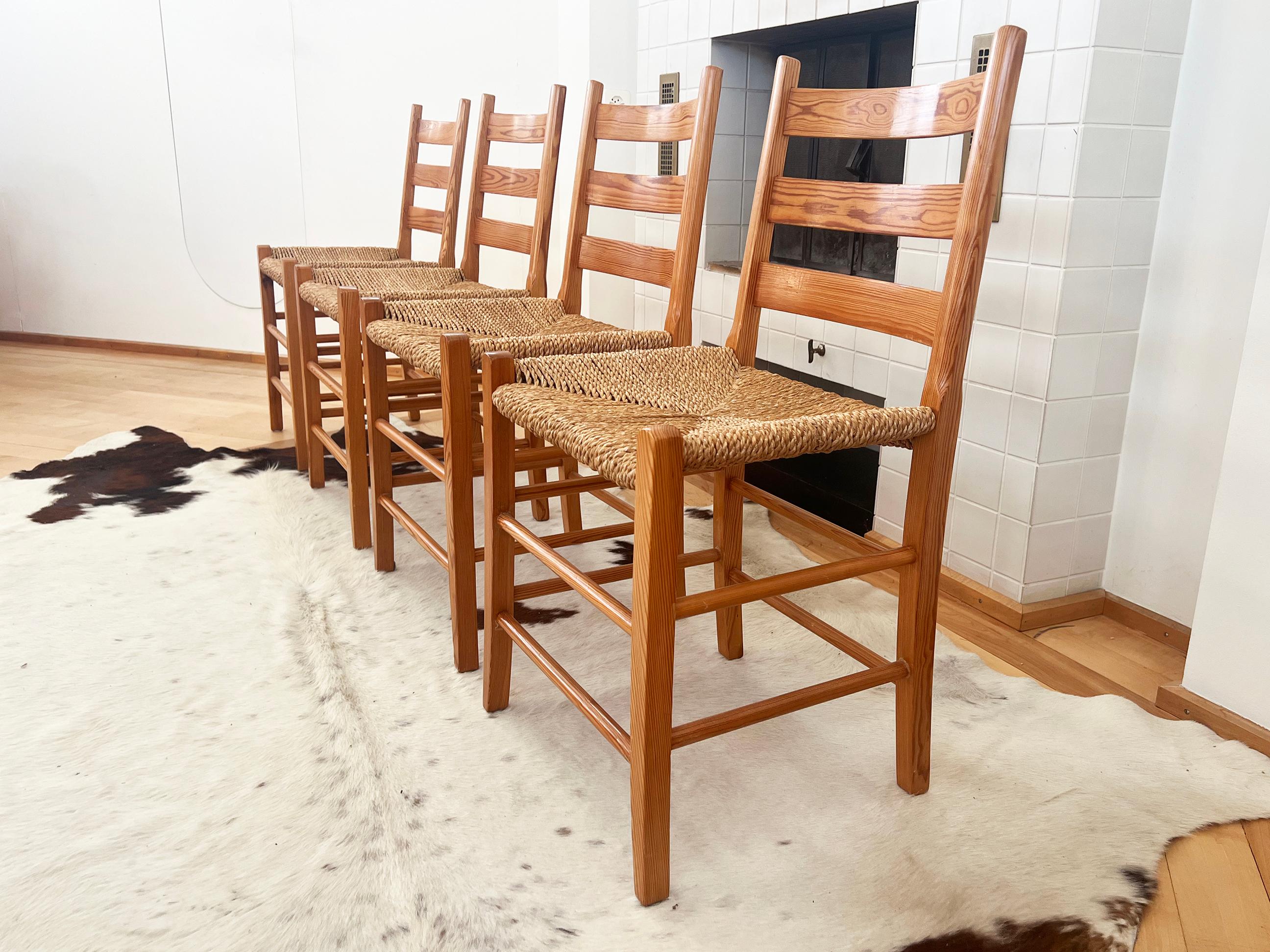 Scandinavian Modern Swedish 1970s Pine Ladder back Chairs with Rope woven seats -- Pair For Sale