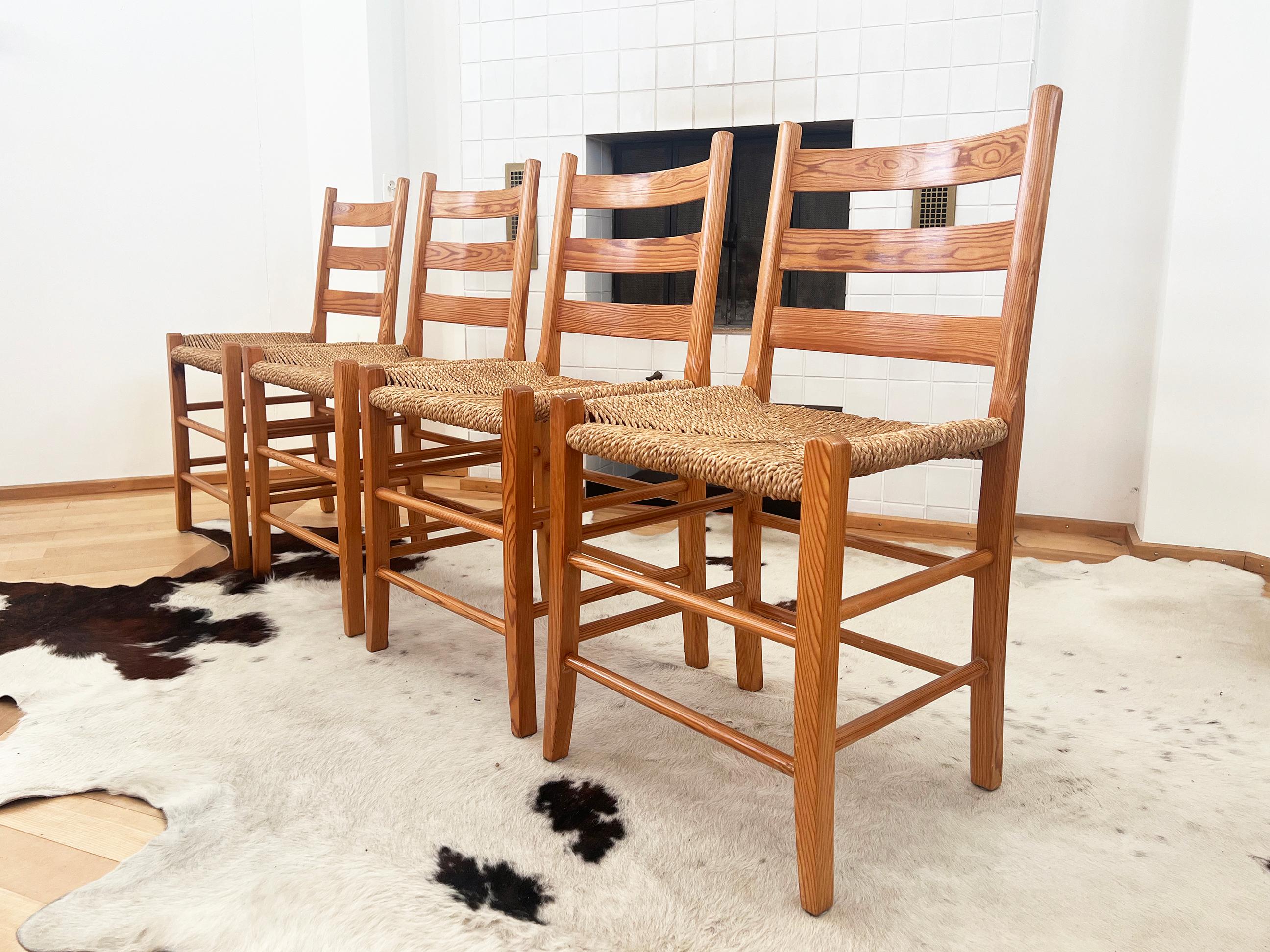Swedish 1970s Pine Ladder back Chairs with Rope woven seats -- Pair In Good Condition For Sale In Basel, BS