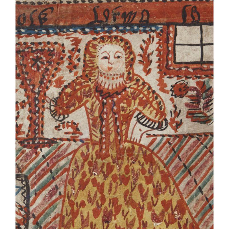 A 19th century Swedish folk art painting on canvas, known as a bonad, depicting a woman, perhaps an angel, in very fine clothes in a paint decorated room with a small window, with a lettered border above and a decorative border below, originally