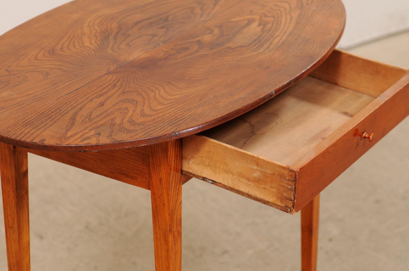 Swedish Elm Wood Table with Oval-Shaped Wide Top and Single Drawer 1