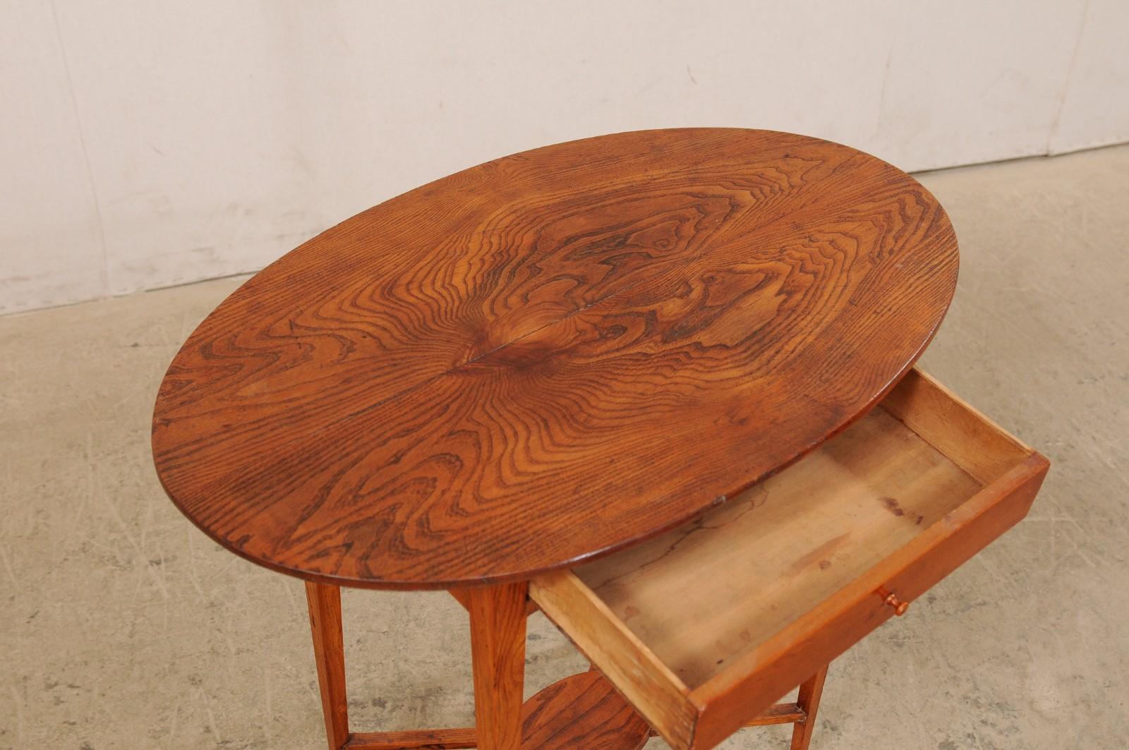Swedish Elm Wood Table with Oval-Shaped Wide Top and Single Drawer 2