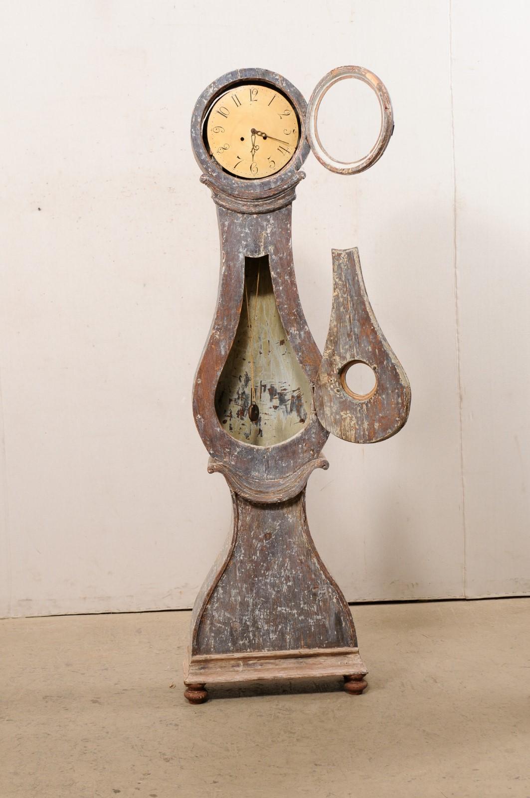 Wood Swedish 19th C. Fryksdahl Floor Clock with Its Original Metal Face & Movements For Sale