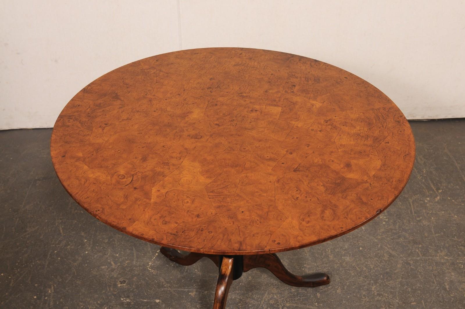 Wood Swedish 19th C. Tilt-Top Center Table w/Burled Alder Veneer Top, 3 ft Diameter For Sale