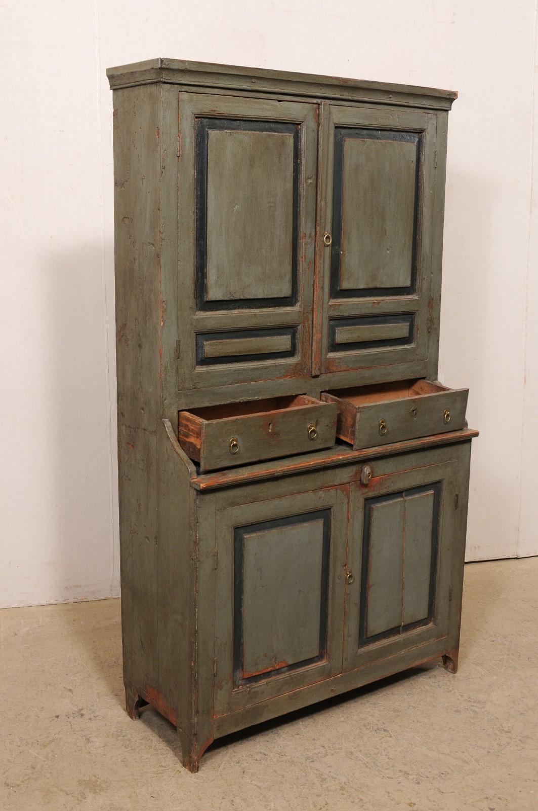 19th Century Swedish 19th C. Wood Cupboard Cabinet, Green w/Charcoal 'Original or Old Finish'