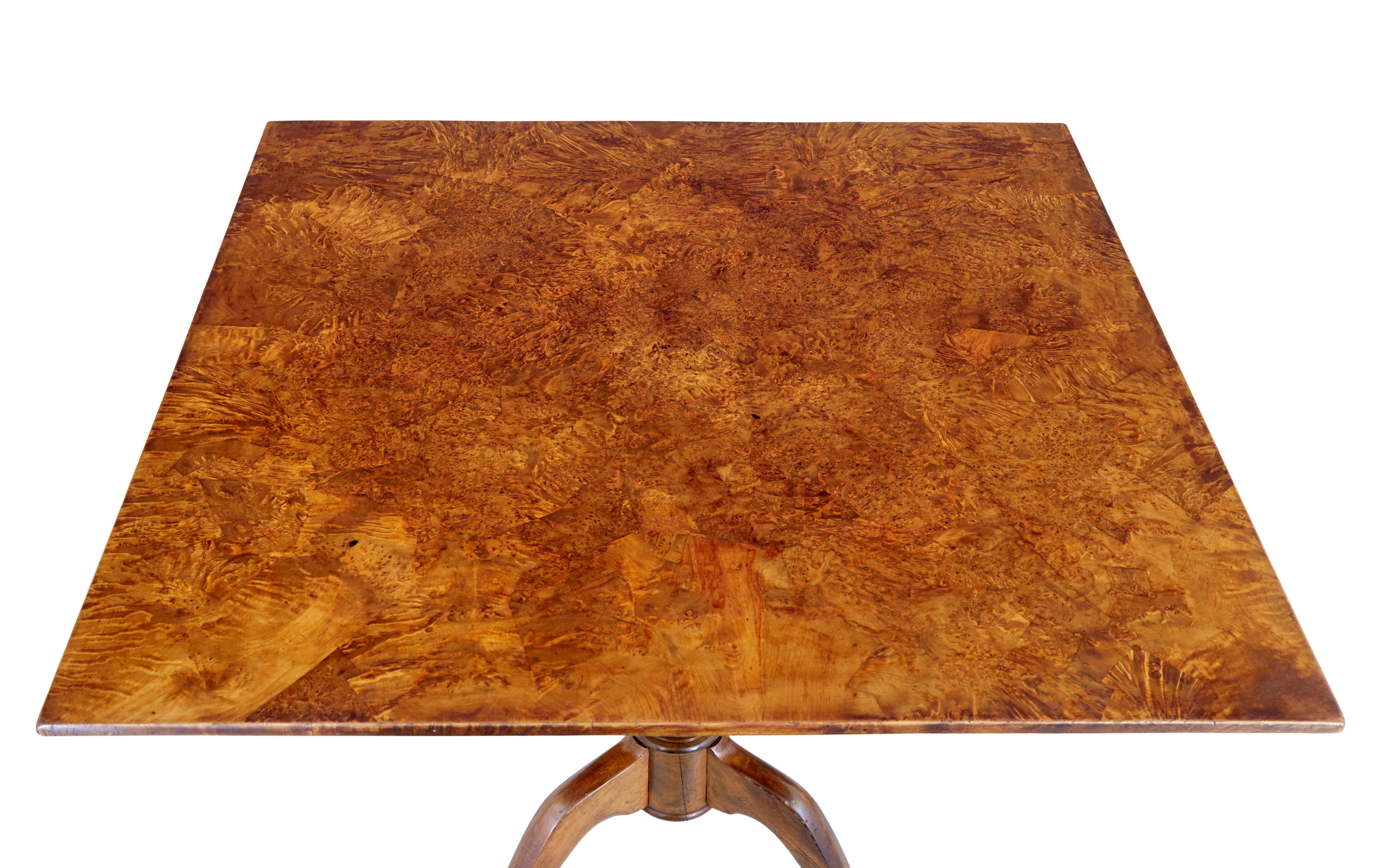 Swedish 19th century alder root tilt top side table circa 1860.

Fine quality square top table made from alder root.  Top when down is secured by peg and latch and provides a stable surface on the block.  Supported by a turned stained birch stem,  3