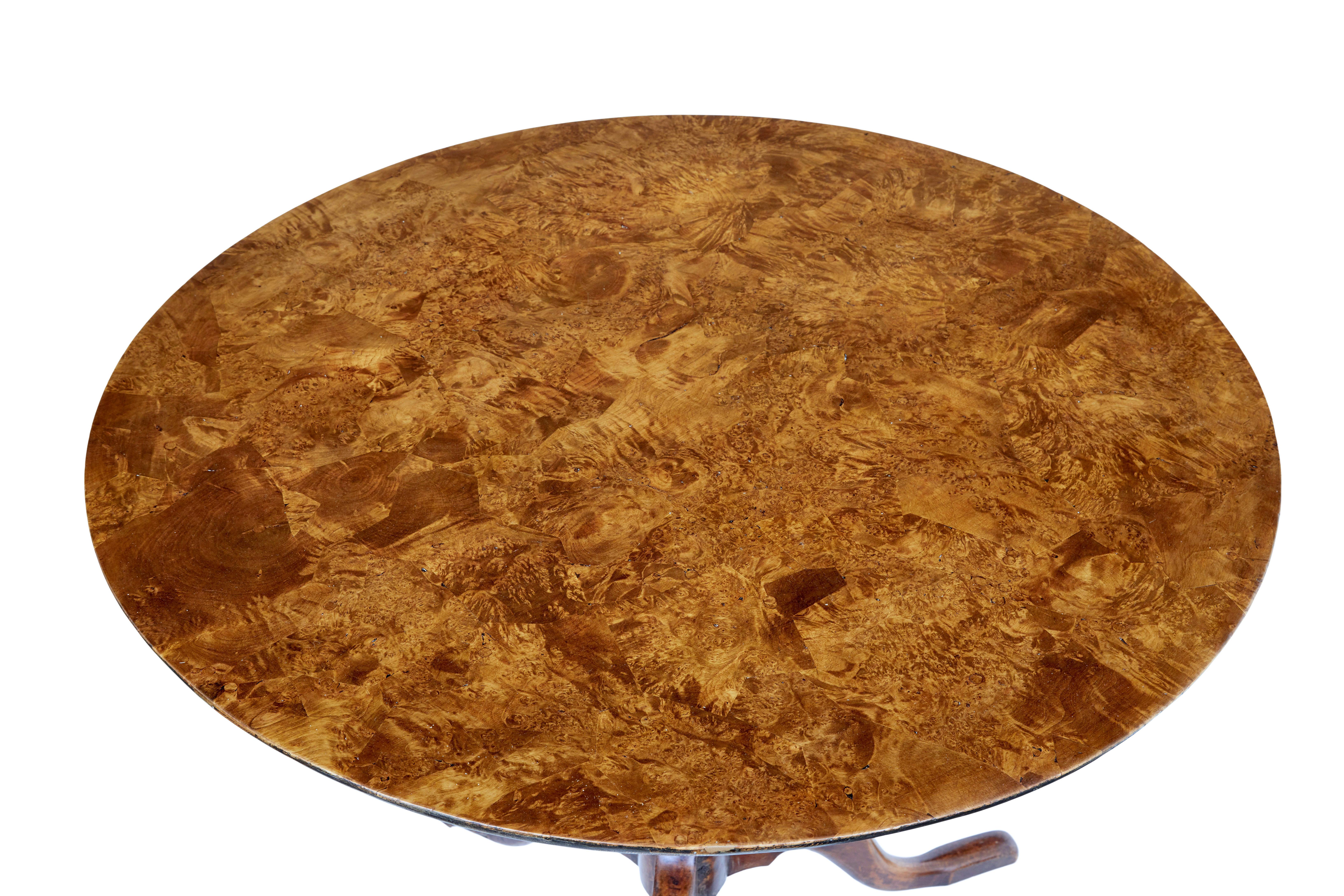 Swedish 19th century alder root tilt top table circa 1840.

Fine quality Swedish tilt top occasional table, circular top with arranged alder root veneers which form a striking top surface.  Top surface is held in place by a peg, which allows it to