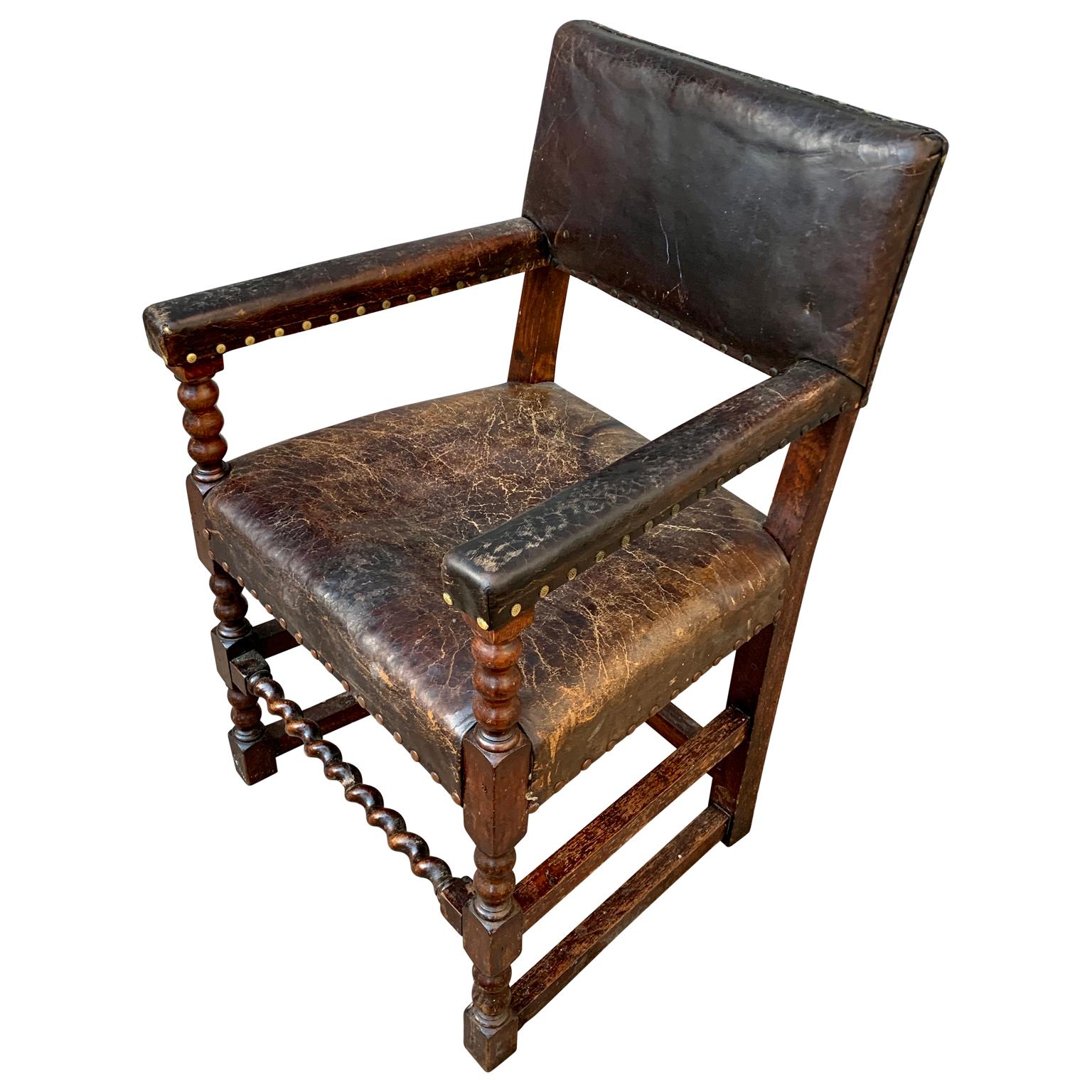 Hand-Carved Swedish 19th Century Baroque Leather Armchair For Sale