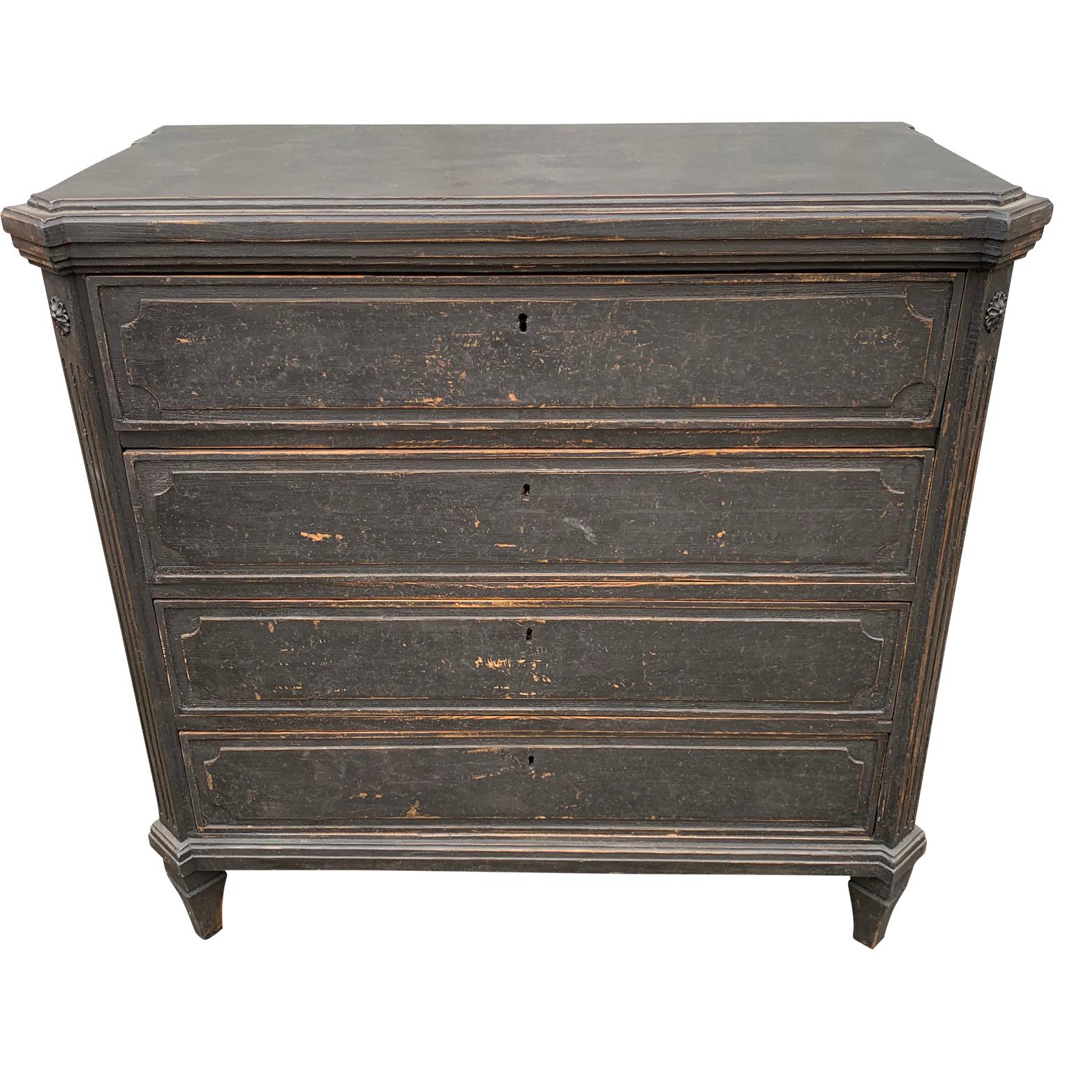 Swedish 19th century four drawer black painted chest of drawer.

EUR 175 front door delivery to most areas of London UK, The Netherlands, Belgium, Denmark, Sweden and Northern Germany.