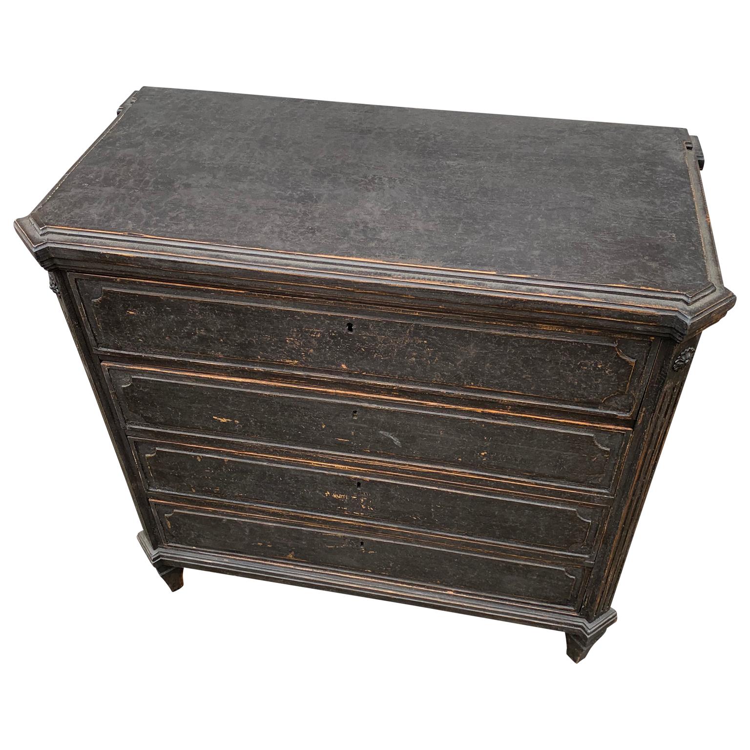 Hand-Painted Swedish 19th Century Black Painted Four Drawer Dresser